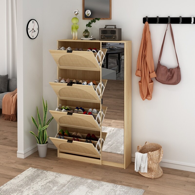 4 Door Modern Shoe Cabinet with Mirror - - 37157262 - Mycitystee