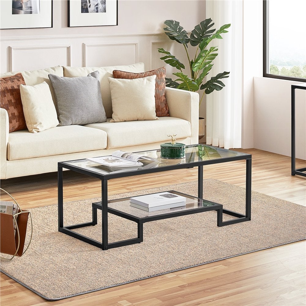 Modern Glass Coffee Table with Metal Frame， Black - Mycitystee