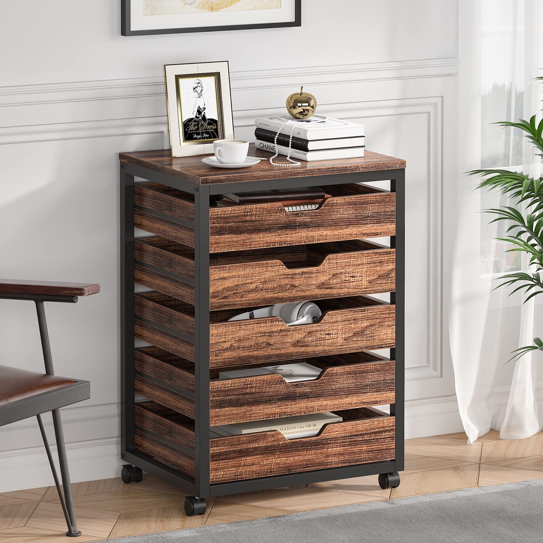 5 Drawer Chest， Wood Storage Dresser Cabinet with Wheels， Industrial Storage Drawer Organizer Cart for Office Bedroom Entryway - - 37668390 - Mycitystee