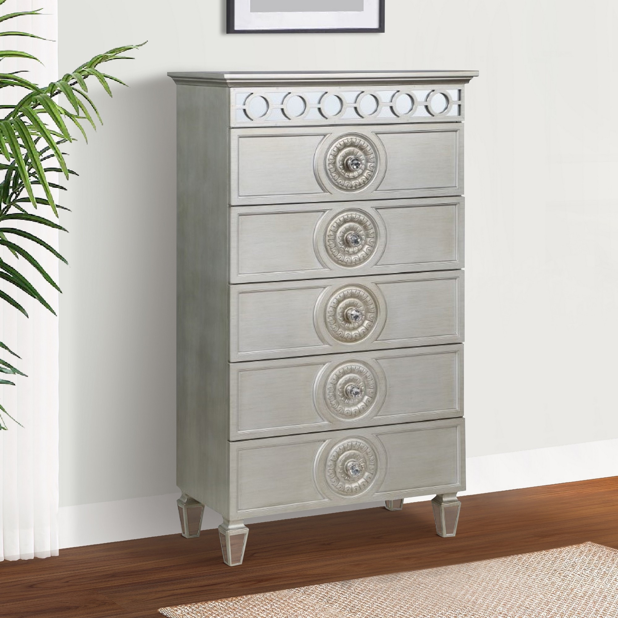 Nic 54 Inch Modern Tall Dresser Chest， 5 Drawers， Round Knobs， Silver - - 35936891 - Mycitystee
