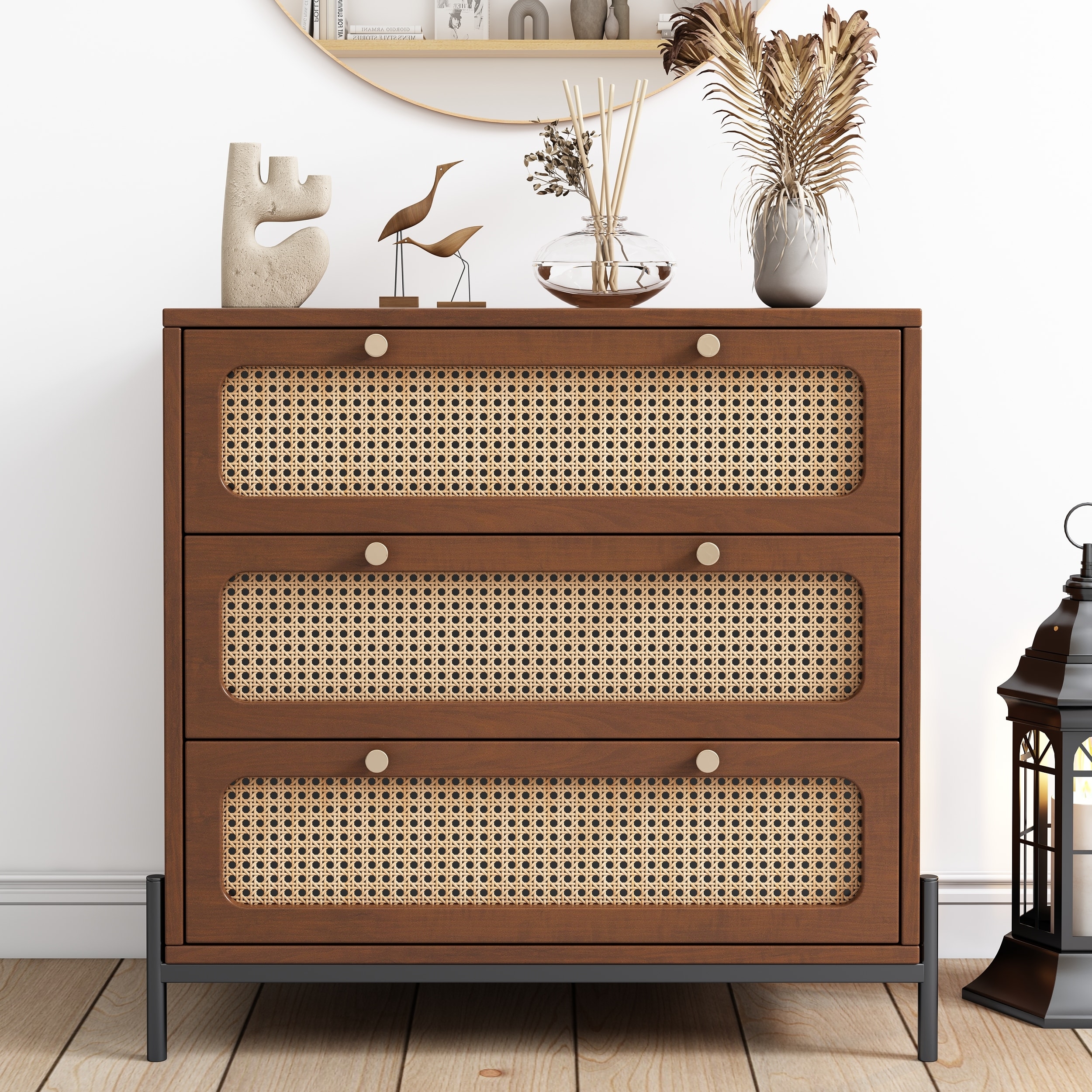 Modern Cannage Rattan Wood Closet 3-Drawer Chest Wood Storage Cabinet Sideboard - - 37970418 - Mycitystee