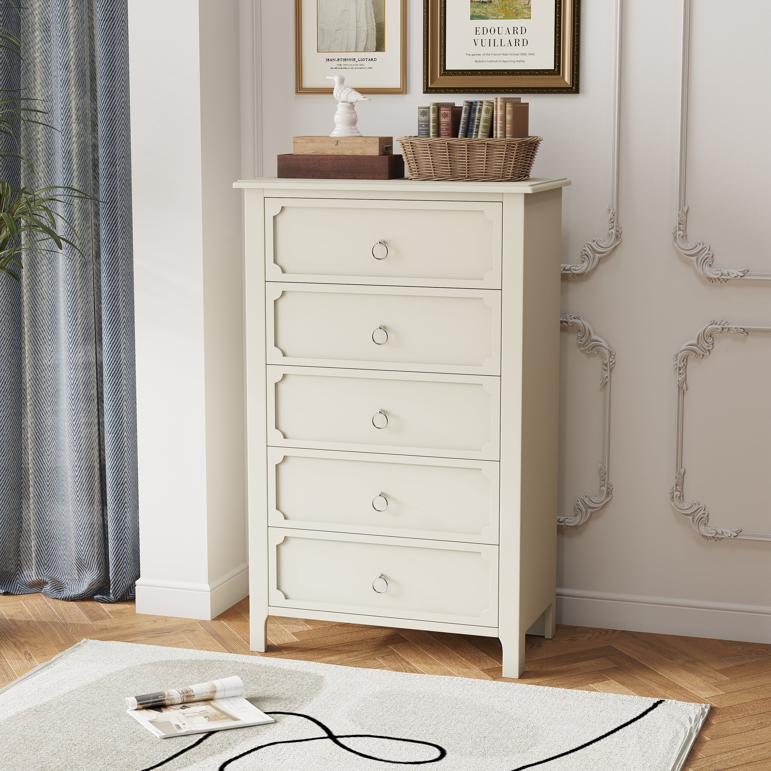 5-Drawers Rubber Wooden Chest with Silver Metal Handles - - 37527478 - Mycitystee