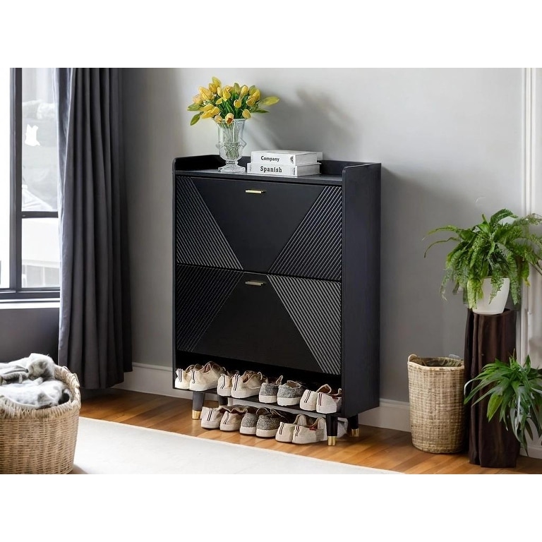 Shoe Storage Cabinet， Free Standing Tipping Bucket Shoe Rack Organizer with 2 Flip Drawers for Entryway，Bedroom，Hallway - - 37874159 - Mycitystee