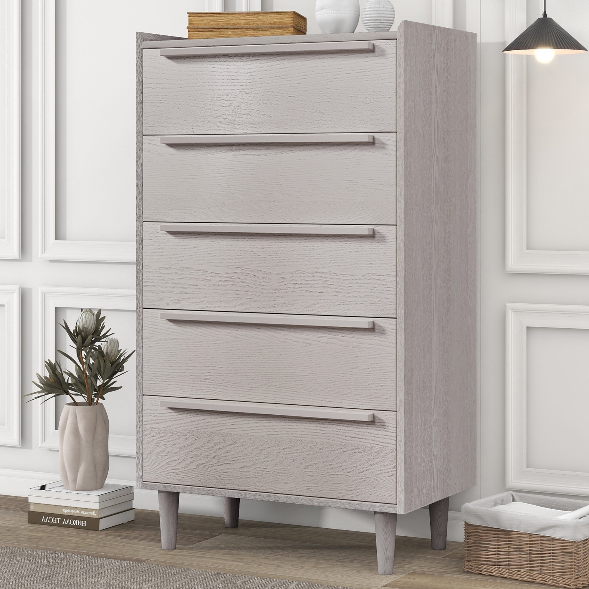 Wood Chest of 5 Drawers with Solid Wood Legs， Stone Gray - - 37455786 - Mycitystee