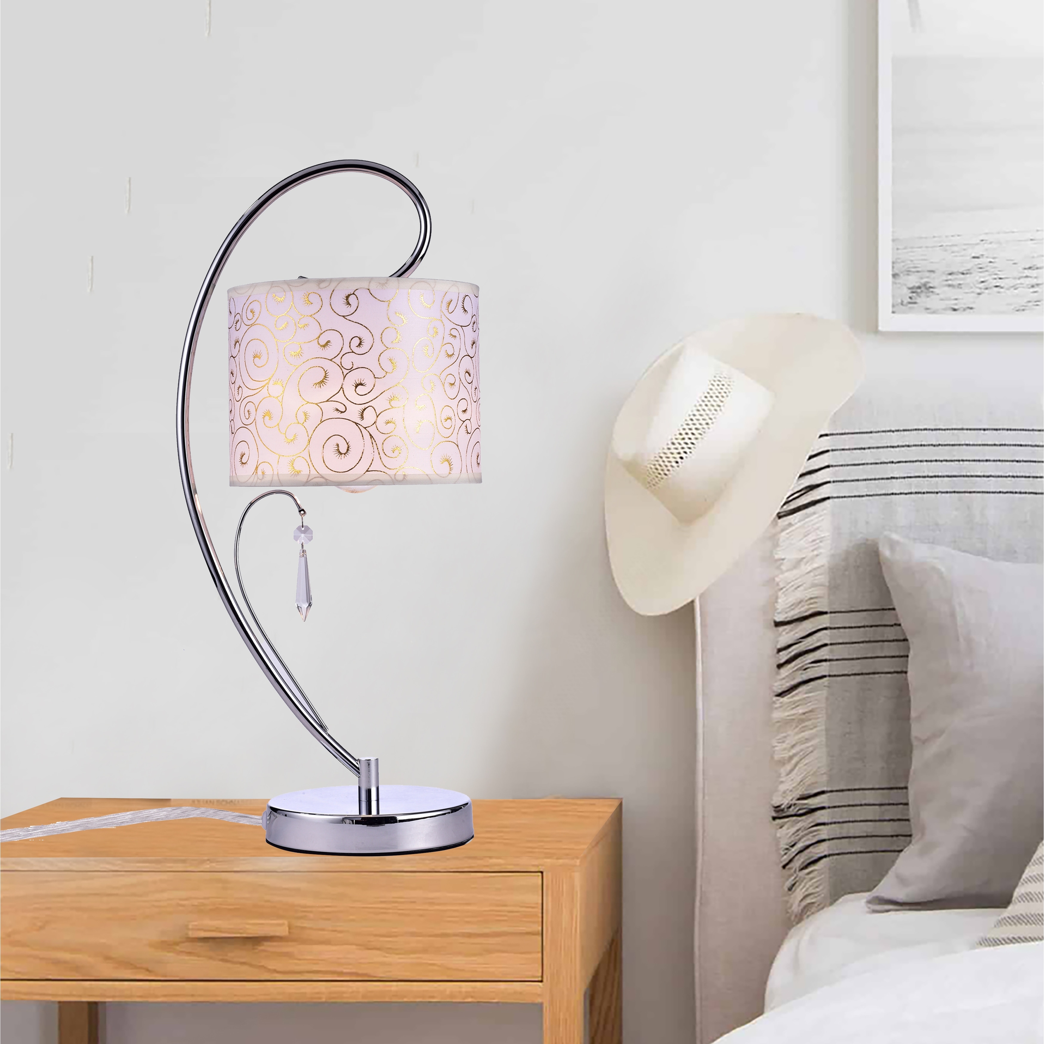 Chrome Bedside Lamp with Fabric Shade Modern Crystal Table Lamp - Mycitystee