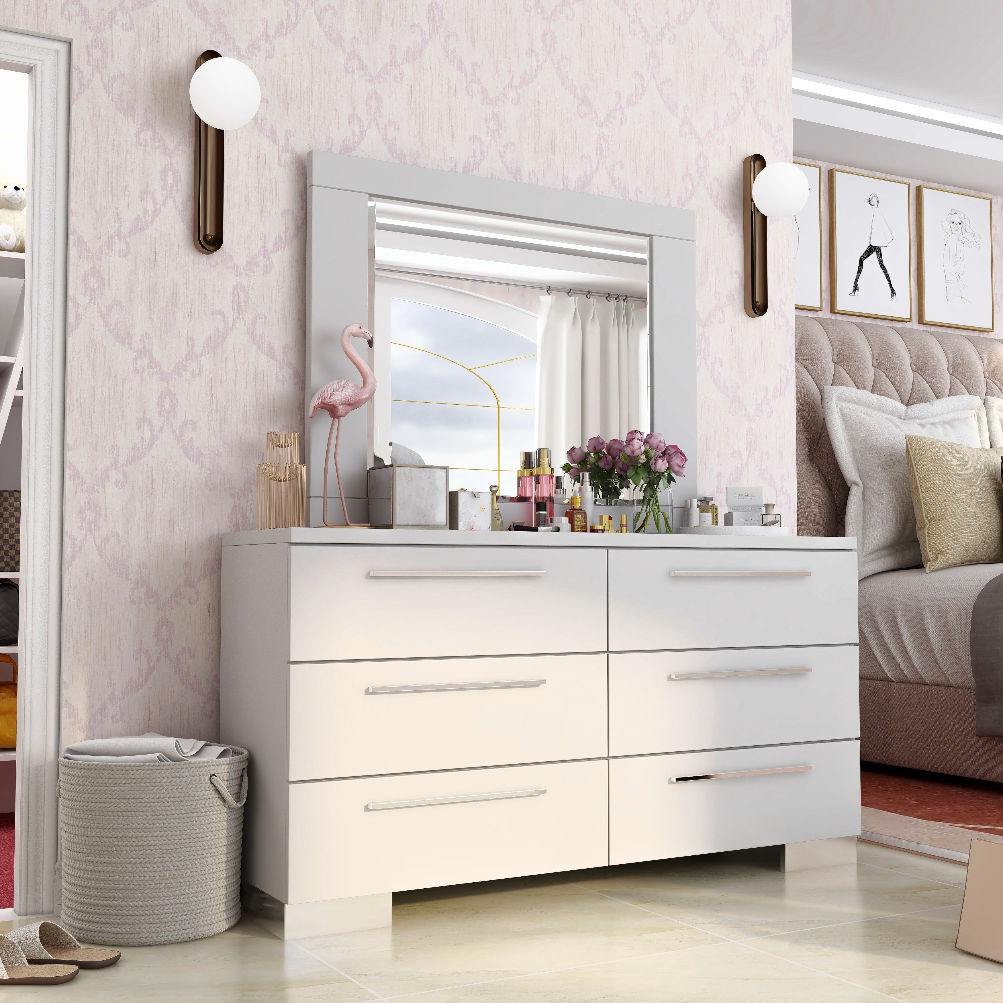 Furniture of America Rema Modern White 2-piece Dresser and Mirror Set - - 11441892 - Mycitystee