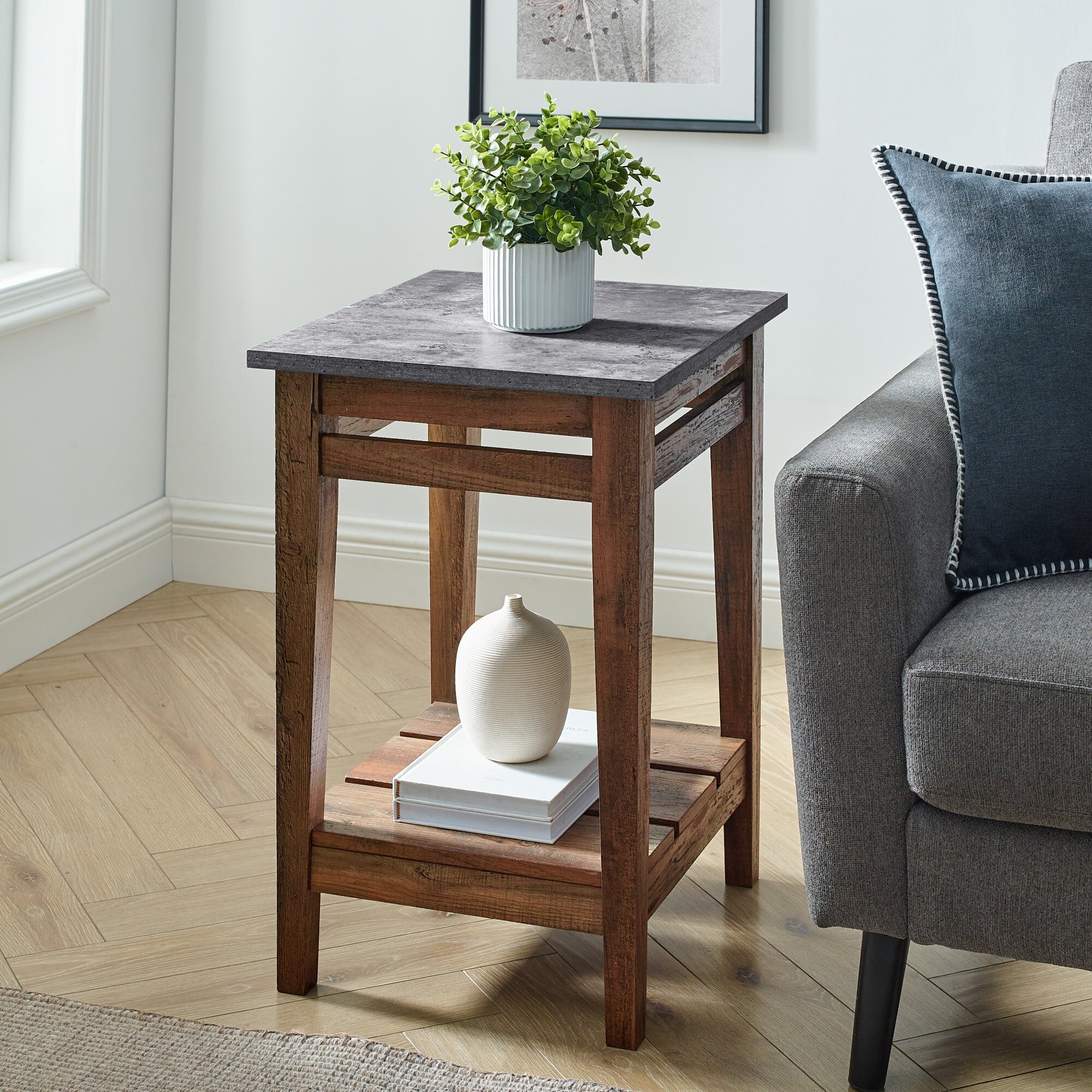 Modern Farmhouse Plank End Table， Dark Concrete - Mycitystee