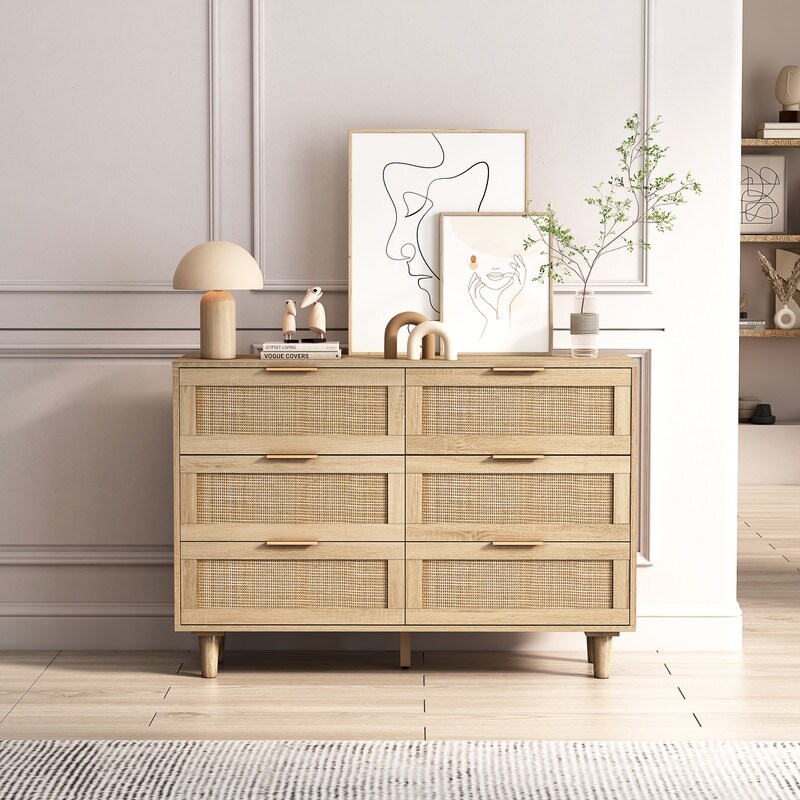 6 Drawer Dresser for Bedroom， Modern Rattan Closet Dressers Chest of Drawers， Wood Storage Cabinets Corner Bedside Table - - 37851519 - Mycitystee