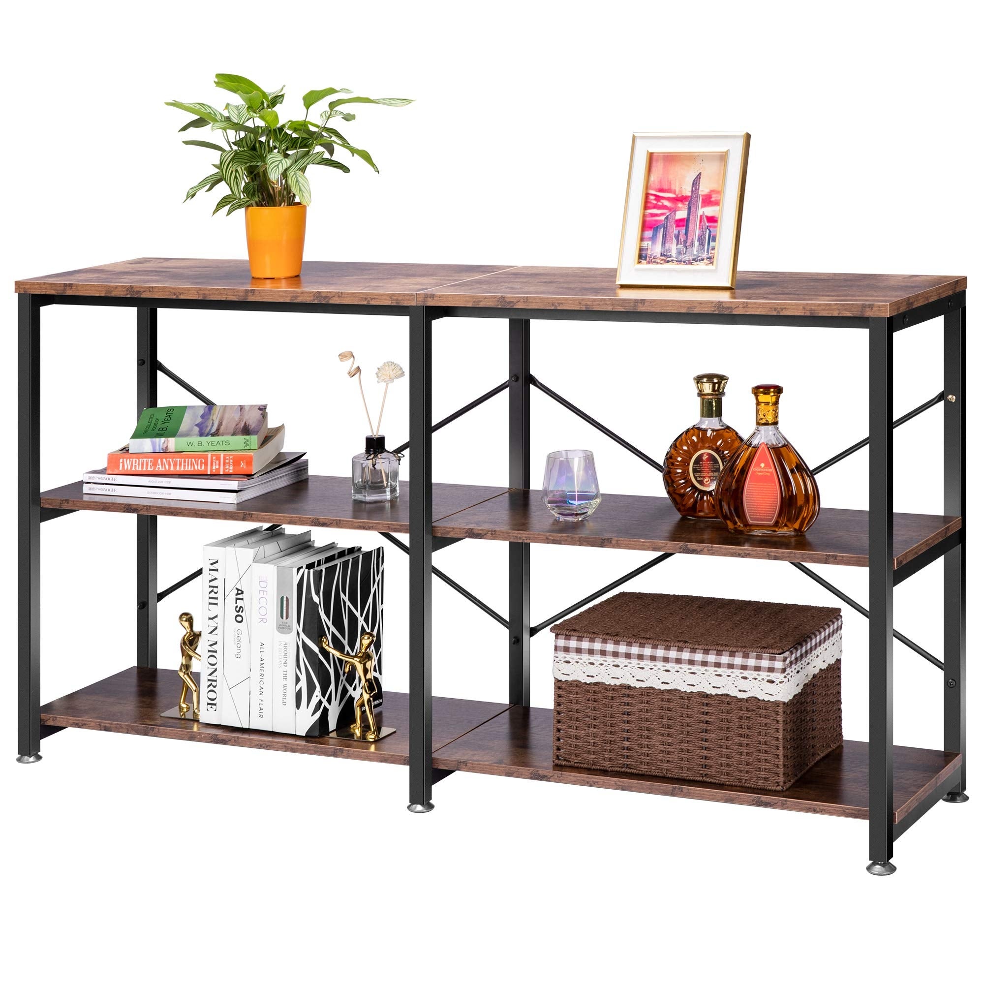 55 Inch Narrow Console Table， Industrial Sofa Table Behind Couch with 3-Tier Storage Shelves， Metal Frame， Easy Assembly - Mycitystee