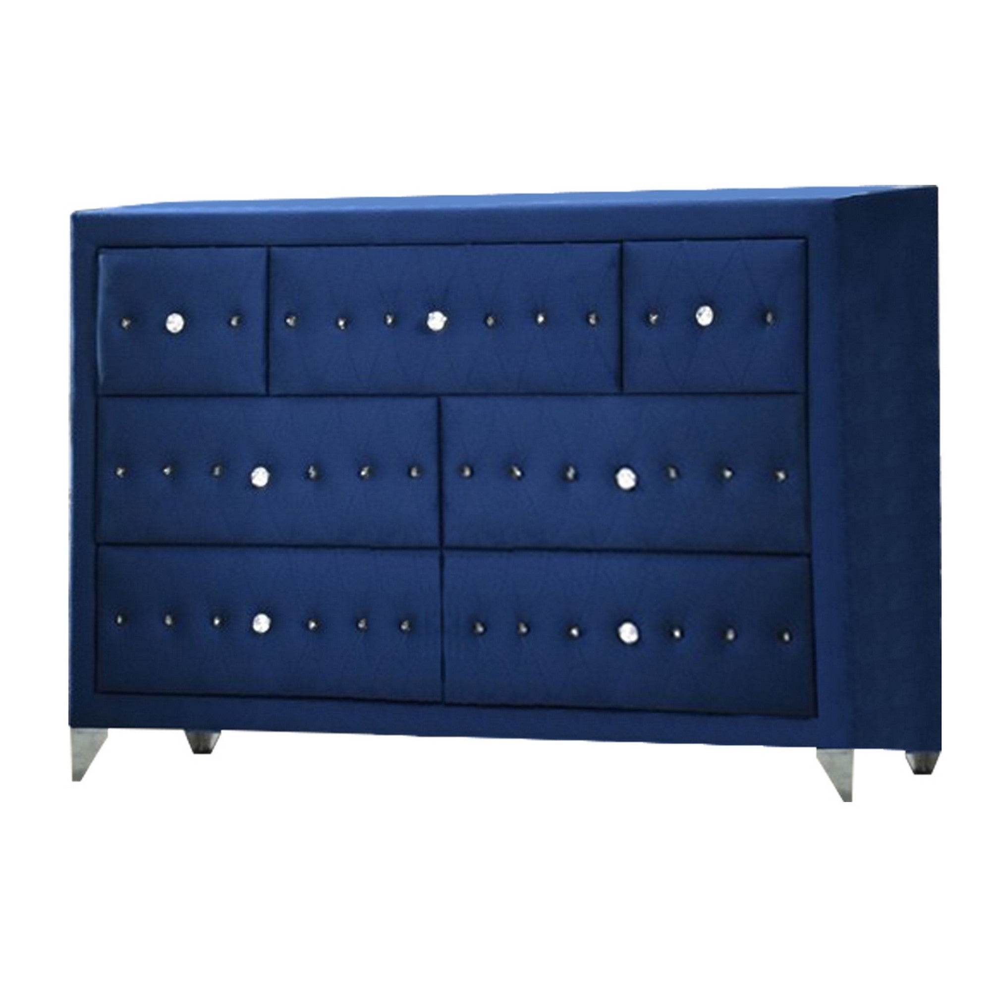 Velvet Upholstered 7 Drawer Wooden Dresser with Faux Crustal Knobs， Blue - - 31768447 - Mycitystee