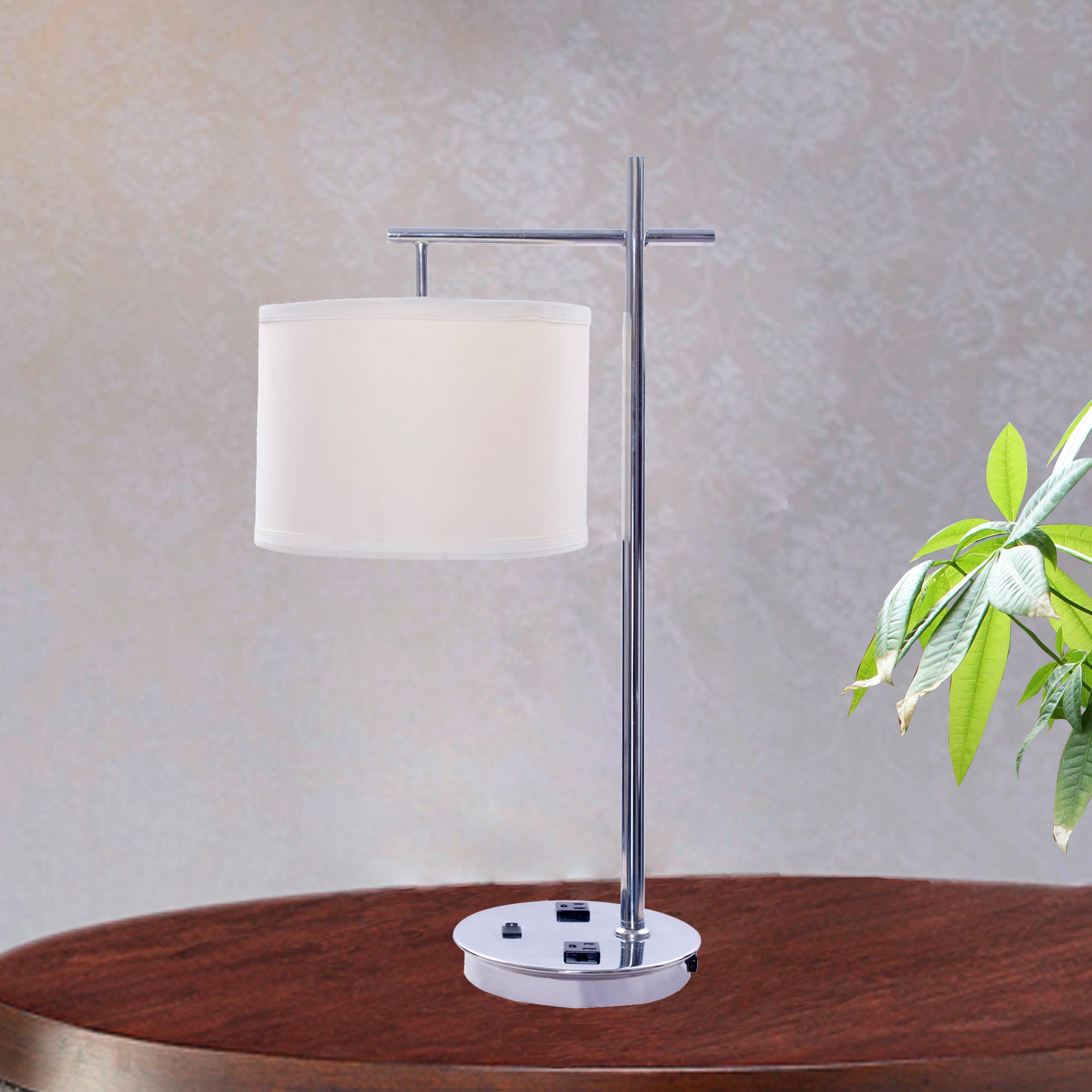 26 inch Tech-Friendly Metal Table Lamp in Chrome Finish with 2 Convenience Outlets - Mycitystee