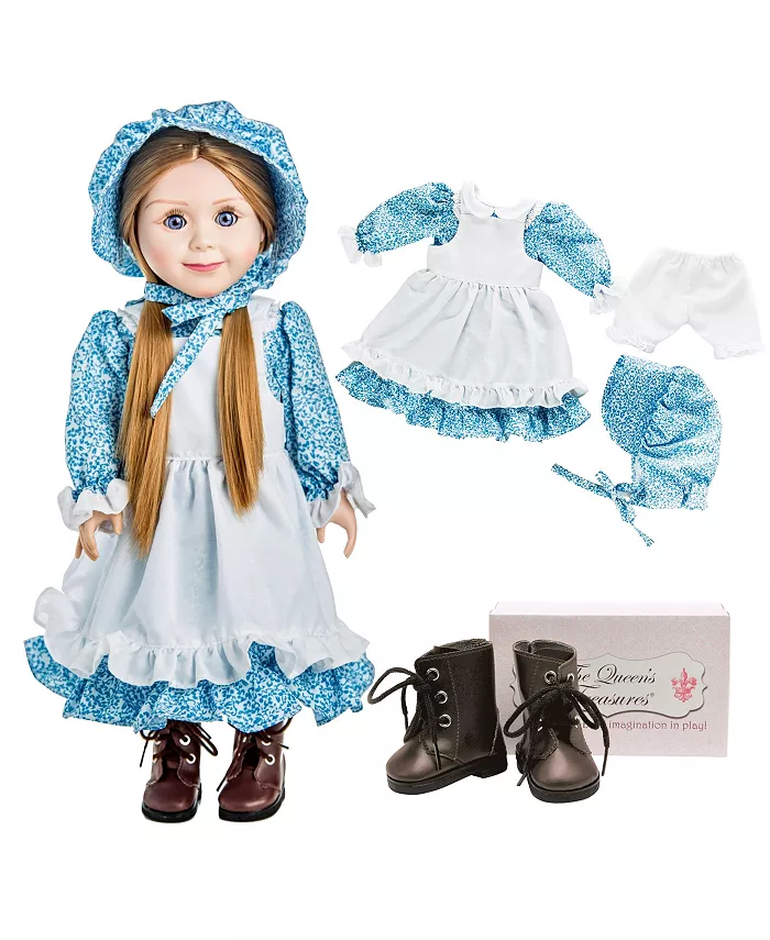 The Queen's Treasures 18 Inch Doll Clothes and Accessories， Little House on The Prairie Blue Calico Dress with Bonnet， Apron， Pantaloons， and Brown La - Mycitystee