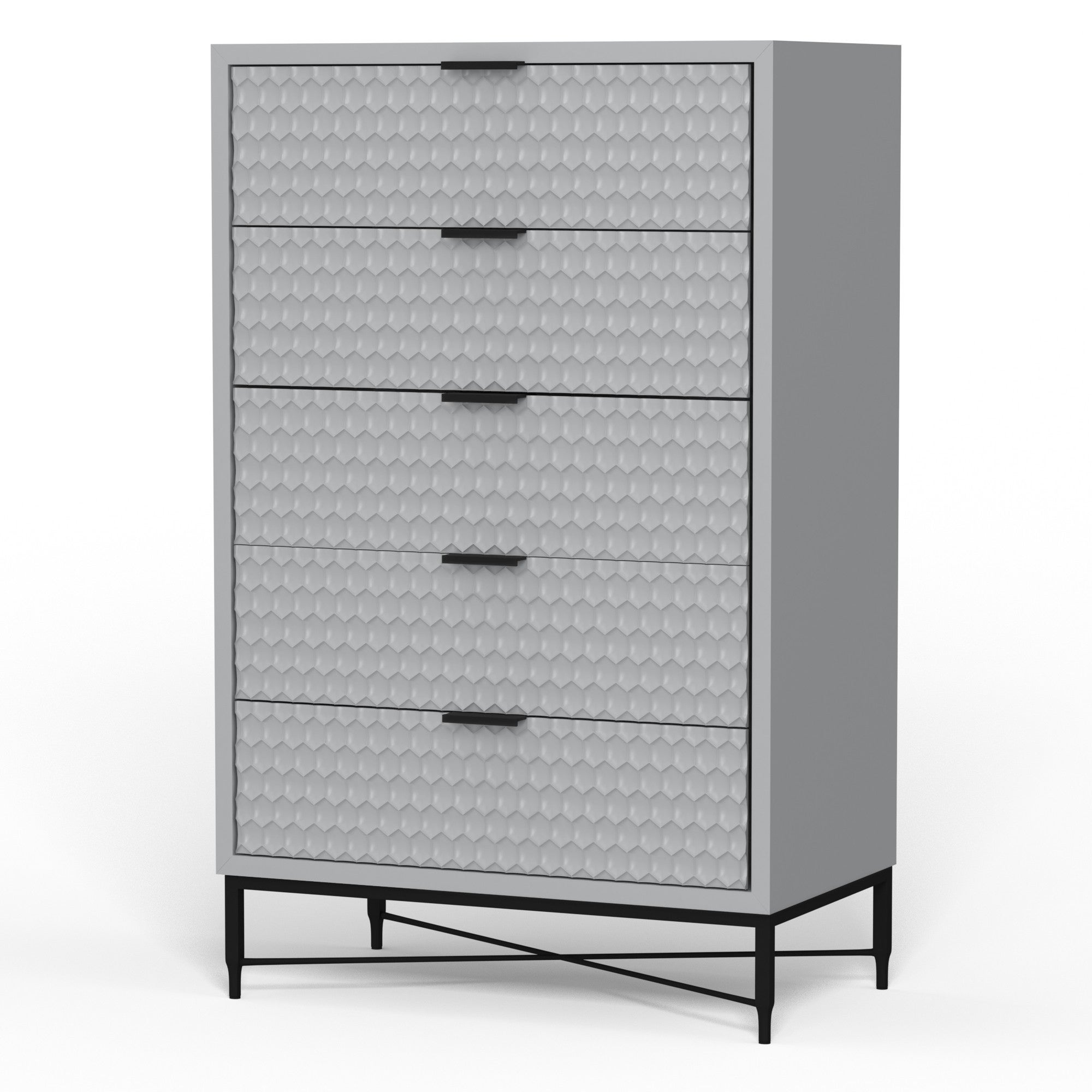 Rexi 48 Inch 5 Drawer Tall Dresser Chest， Honeycomb， Light Gray， Black - - 36907769 - Mycitystee