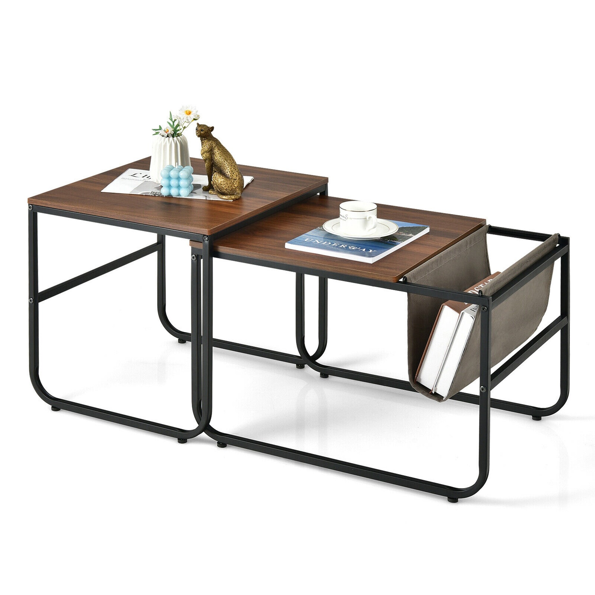Gymax Nesting Coffee Table Set of 2 Industrial Stackable Side Table w/ - Mycitystee