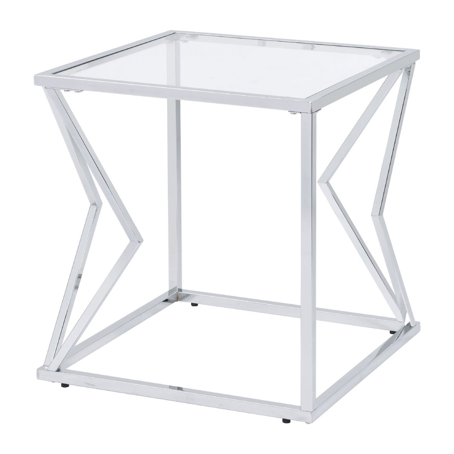 End Table with Glass Top and Bottom Shelf and Geometric Accent， Silver - Mycitystee