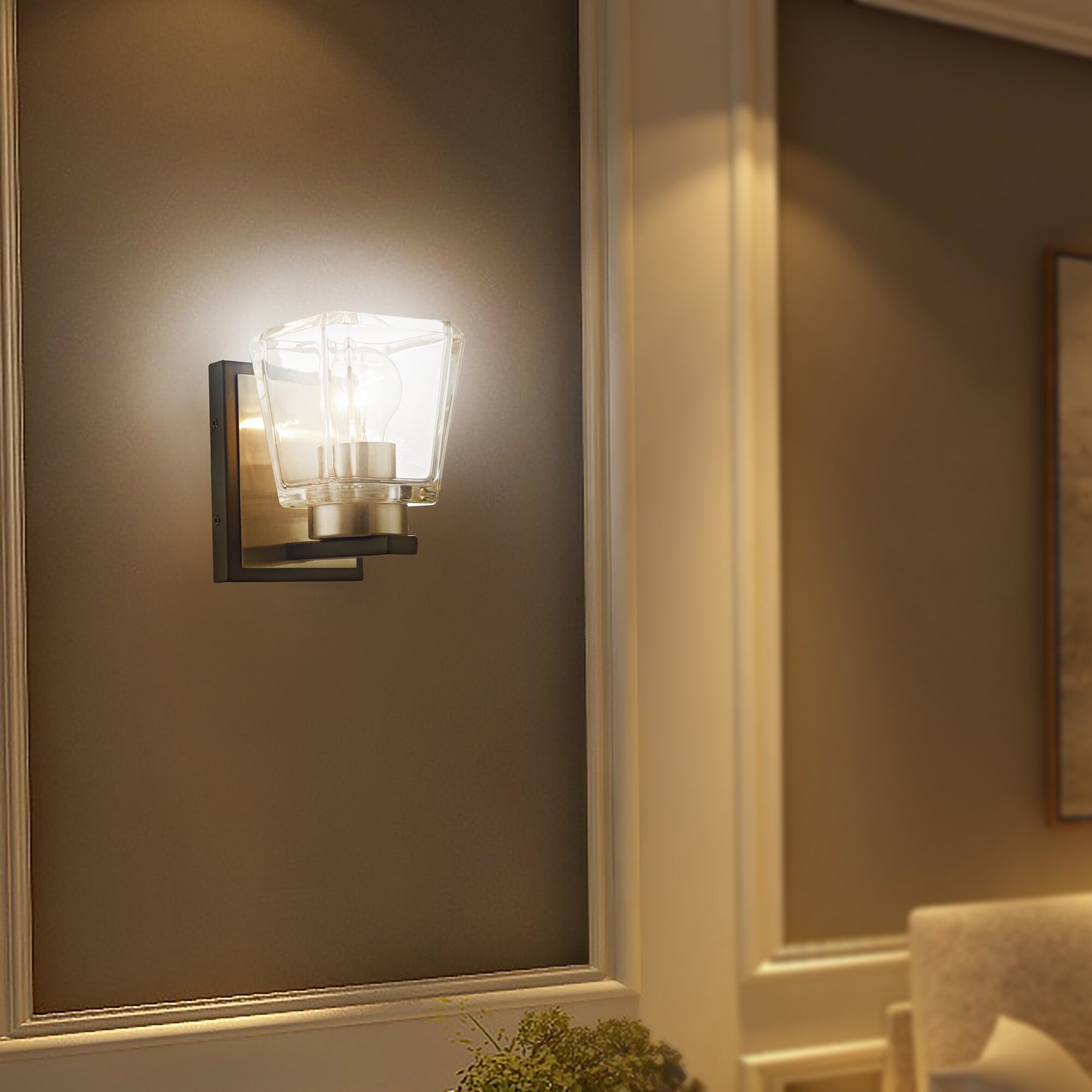 Aleah Matte Black+Brushed Nickel 1-Light Clear Crystal Shade Wall Sconce - Mycitystee