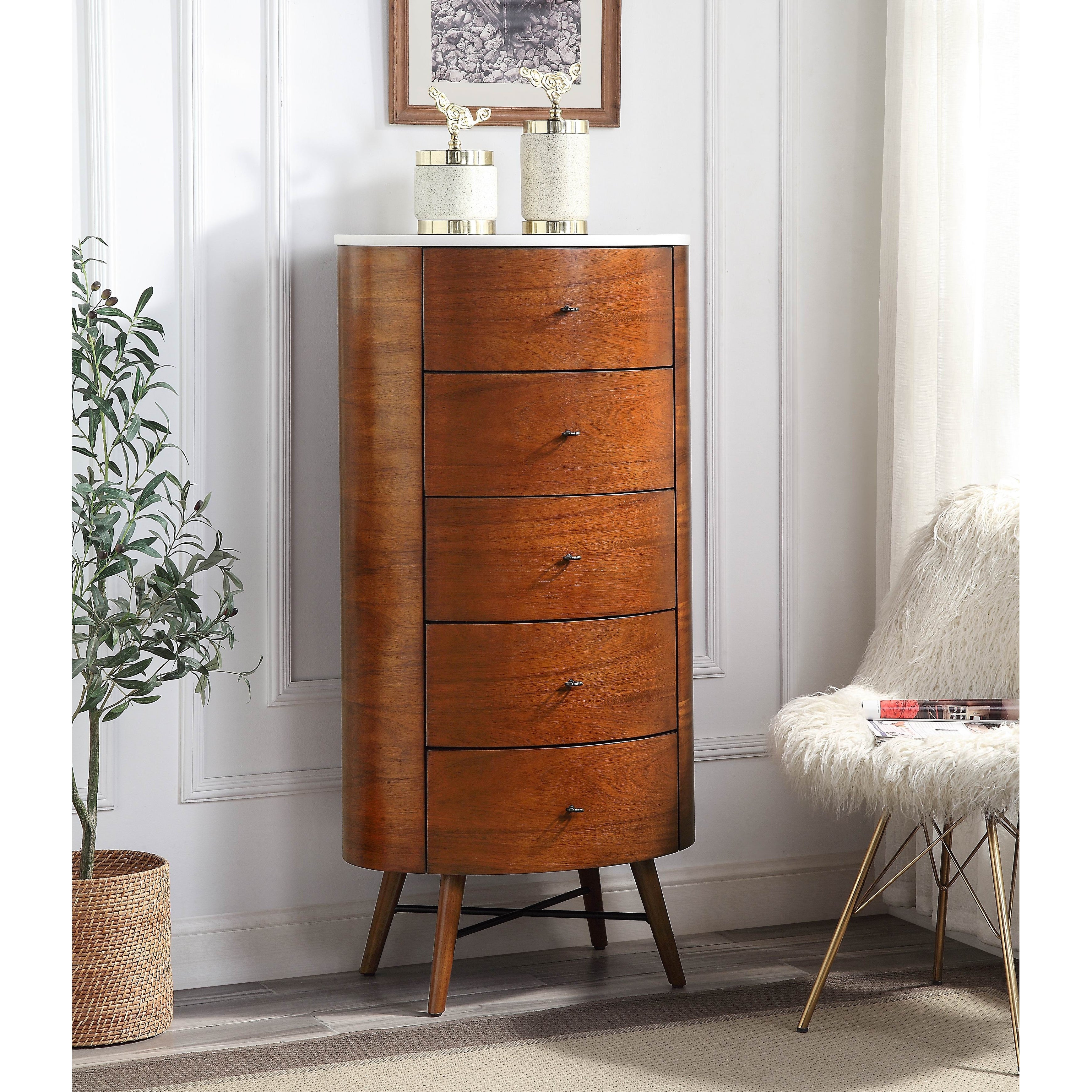 Walnut Finish 1pc Chest of Five Drawers Marble Top - - 35876492 - Mycitystee