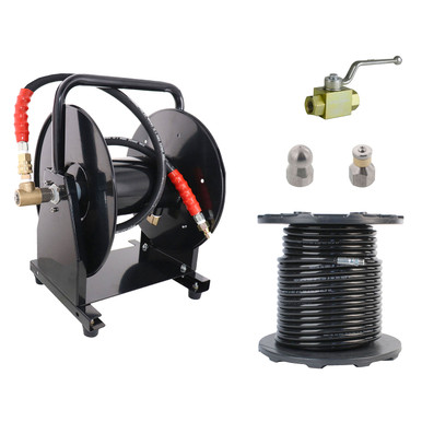 Scheiffer Sewer Jetter Kit - Ball Valve Hose Reel Hose and Nozzles - Mycitystee