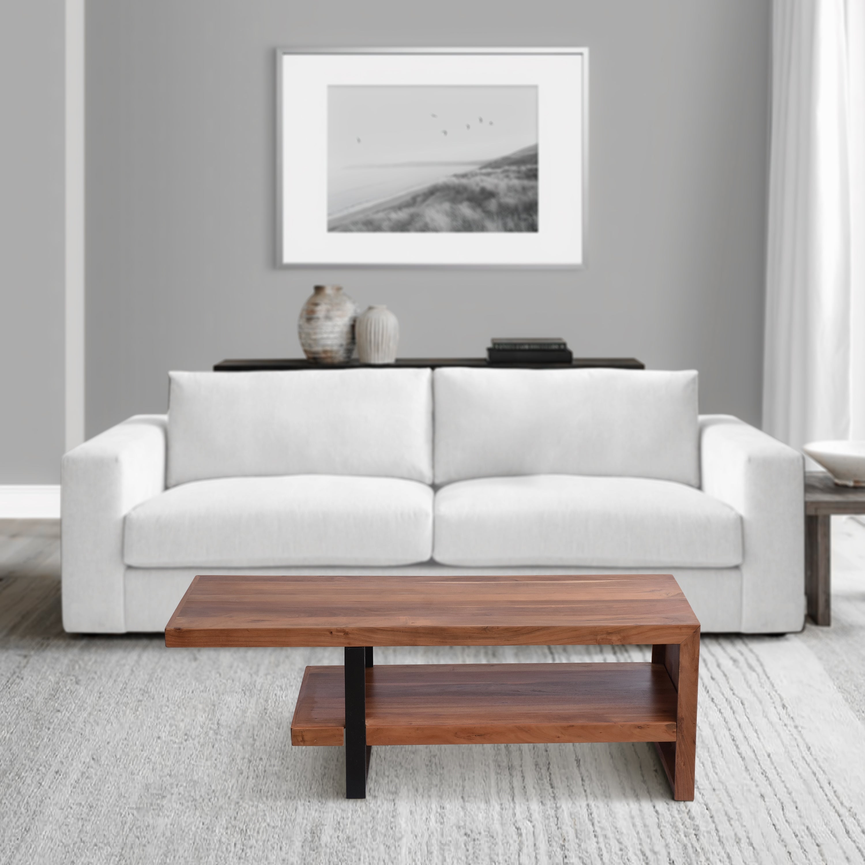 52 Inch Handcrafted Live Edge Coffee Table， Black Iron Frame， Brown Acacia Wood - Mycitystee