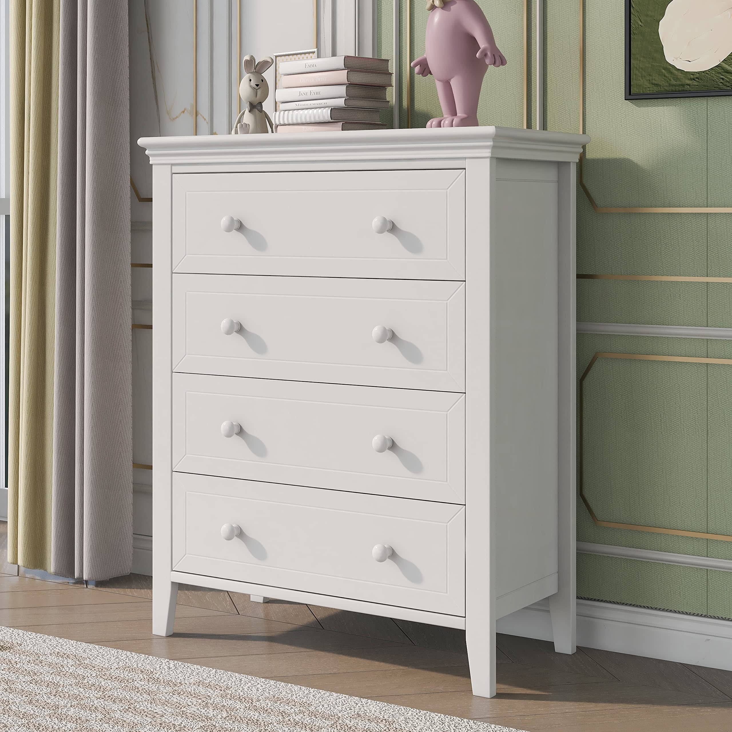 4-Drawer Dresser， White Wooden Chest with Round Handle， Tall Storage Cabinet for Bedroom Living Room， Entryway， Porch - - 37668370 - Mycitystee