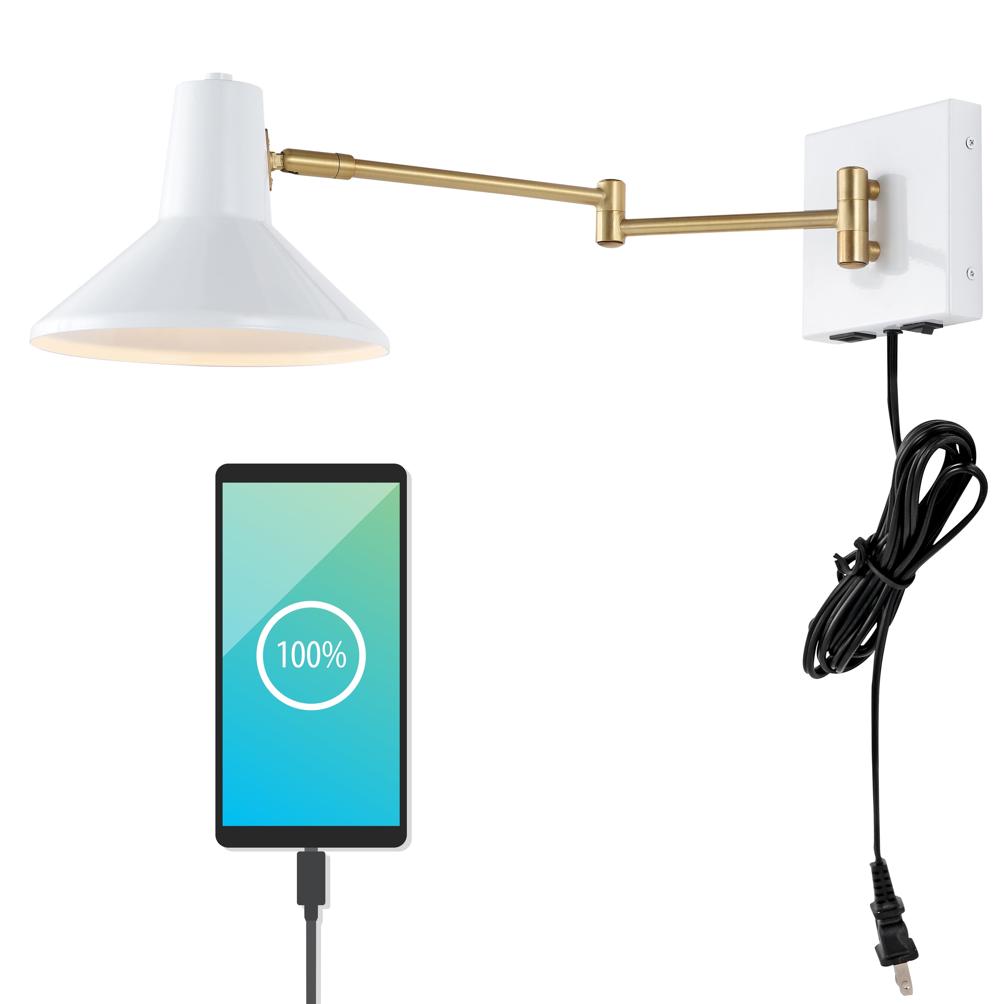 Max Swing Arm 1-Light Modern Midcentury Iron USB Charging Port LED Sconce， by JONATHAN Y - Mycitystee