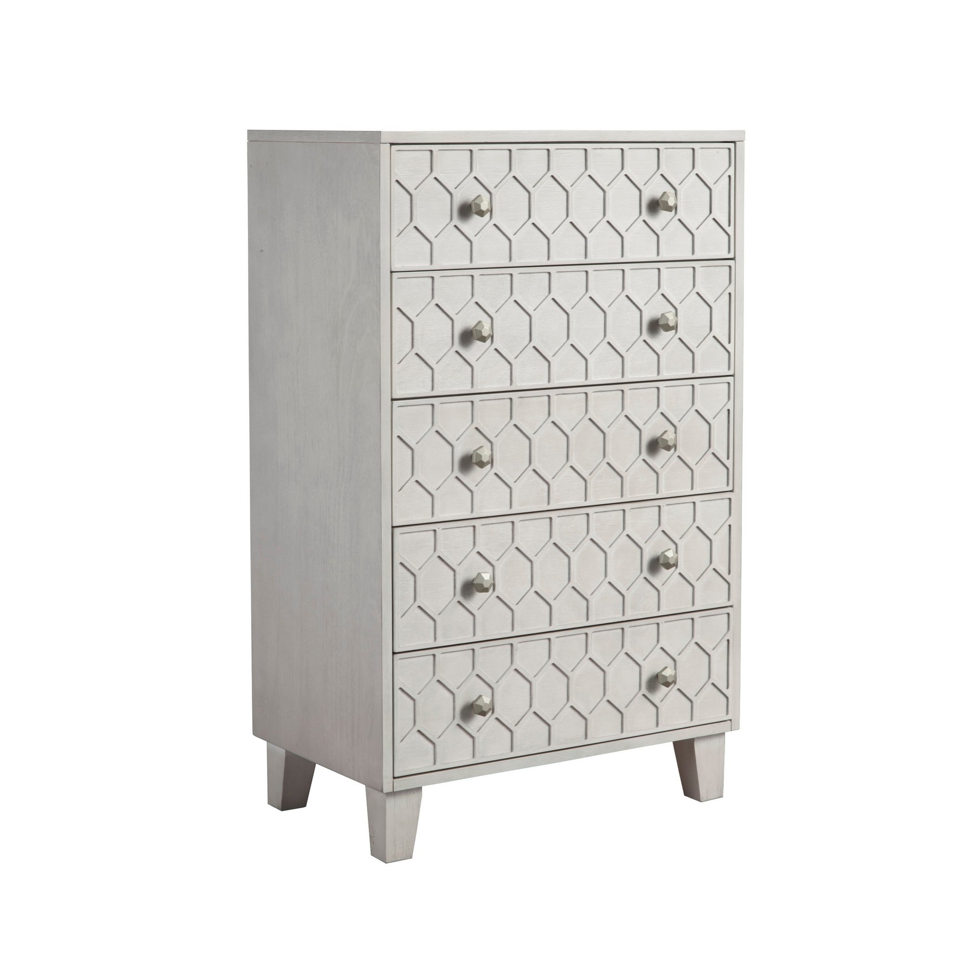 Rue 48 Inch 5 Drawer Dresser Chest， Textured Honeycomb Design， Light Gray - - 36907775 - Mycitystee