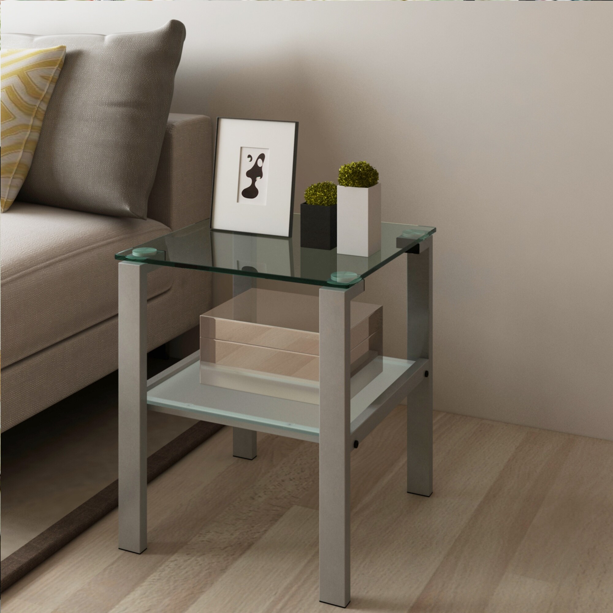 Glass two layer tea table， small round table， bedroom corner table， living room grey side table - Mycitystee