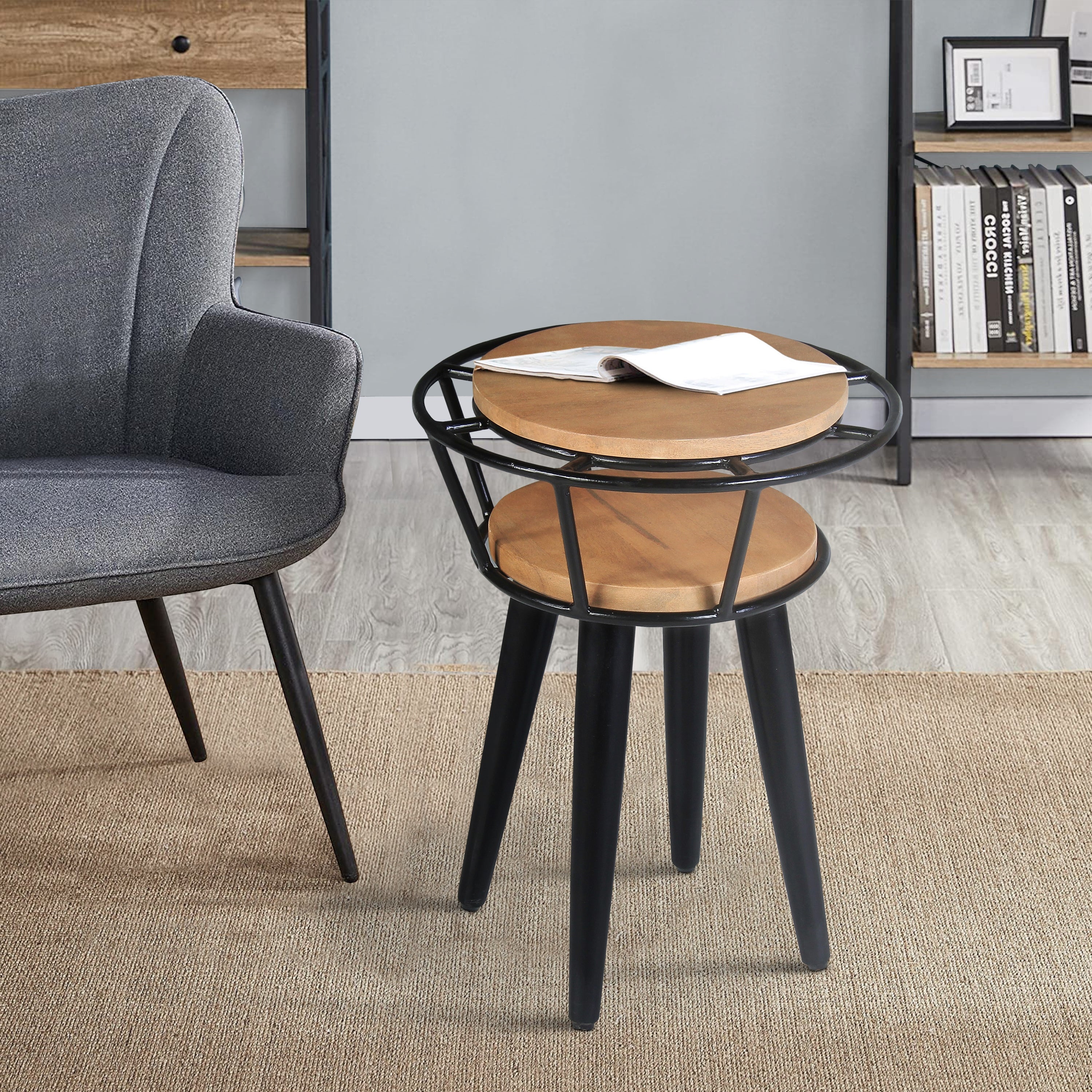 Industrial End Table with 2 Tier Round Wooden Shelving and Metal Frame， White Oak and Black - Mycitystee