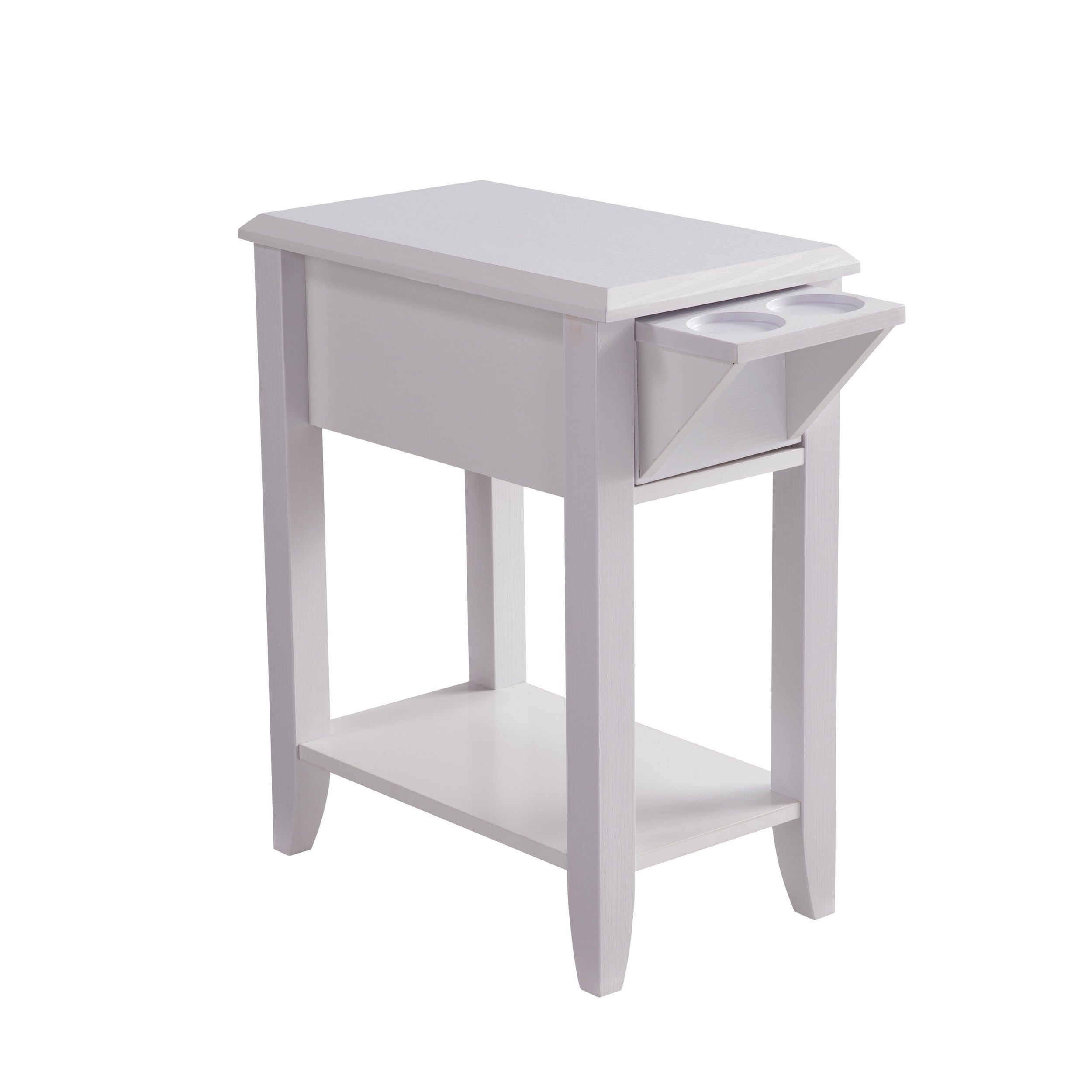 24 Inch Modern Chairside Table with Extendable Drawer and Cupholders， White - Mycitystee