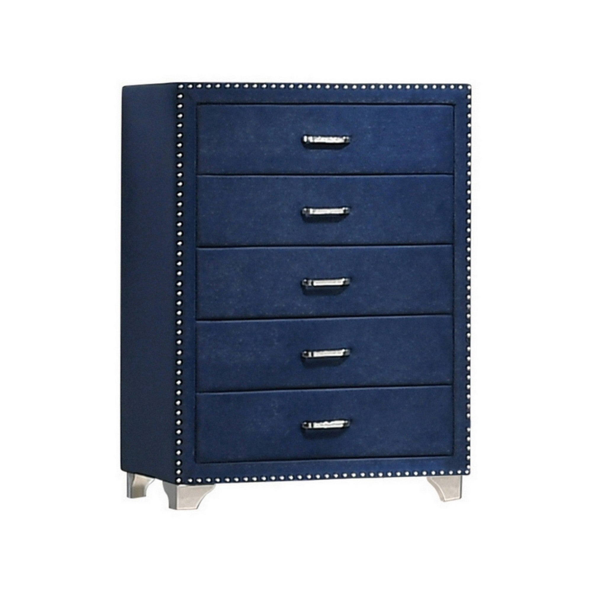 Cale 44 Inch Modern Glam Tall 5 Drawer Dresser Chest， Nailhead， Blue Velvet - - 36176975 - Mycitystee