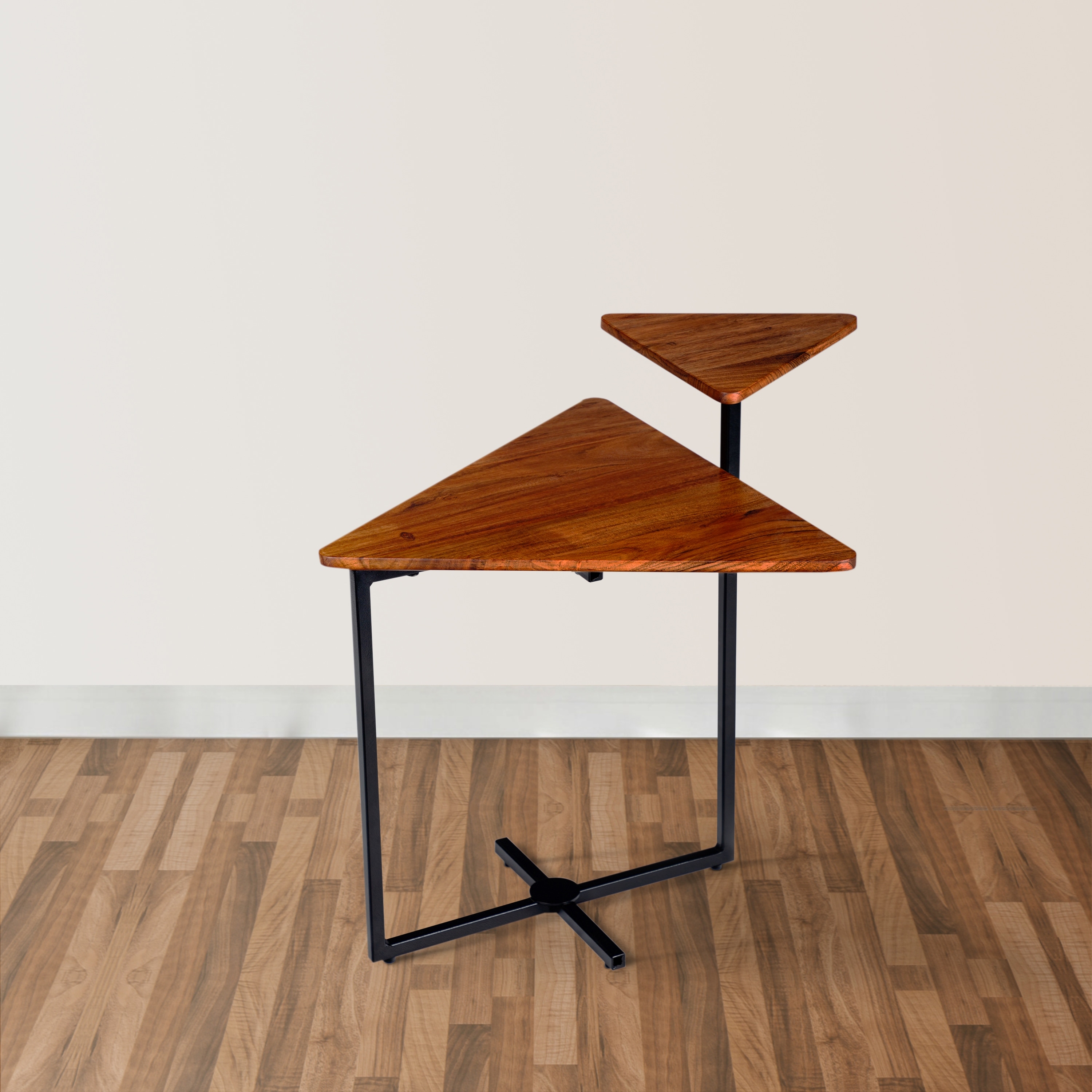 Geo Collection 21 Inch Triangular Acacia Wood Accent End Table with 2 Tier Tabletops， Brown， Black - Mycitystee