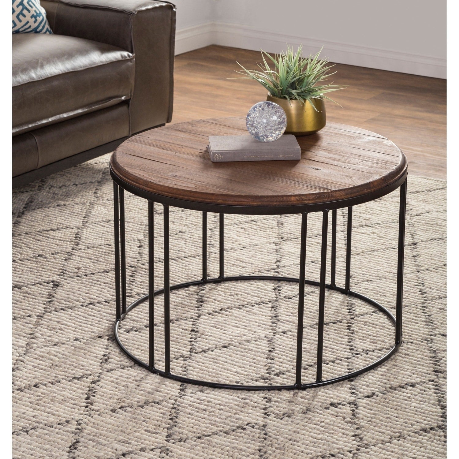 Burnham Reclaimed Wood and Iron Round Coffee Table by Kosas Home - Mycitystee