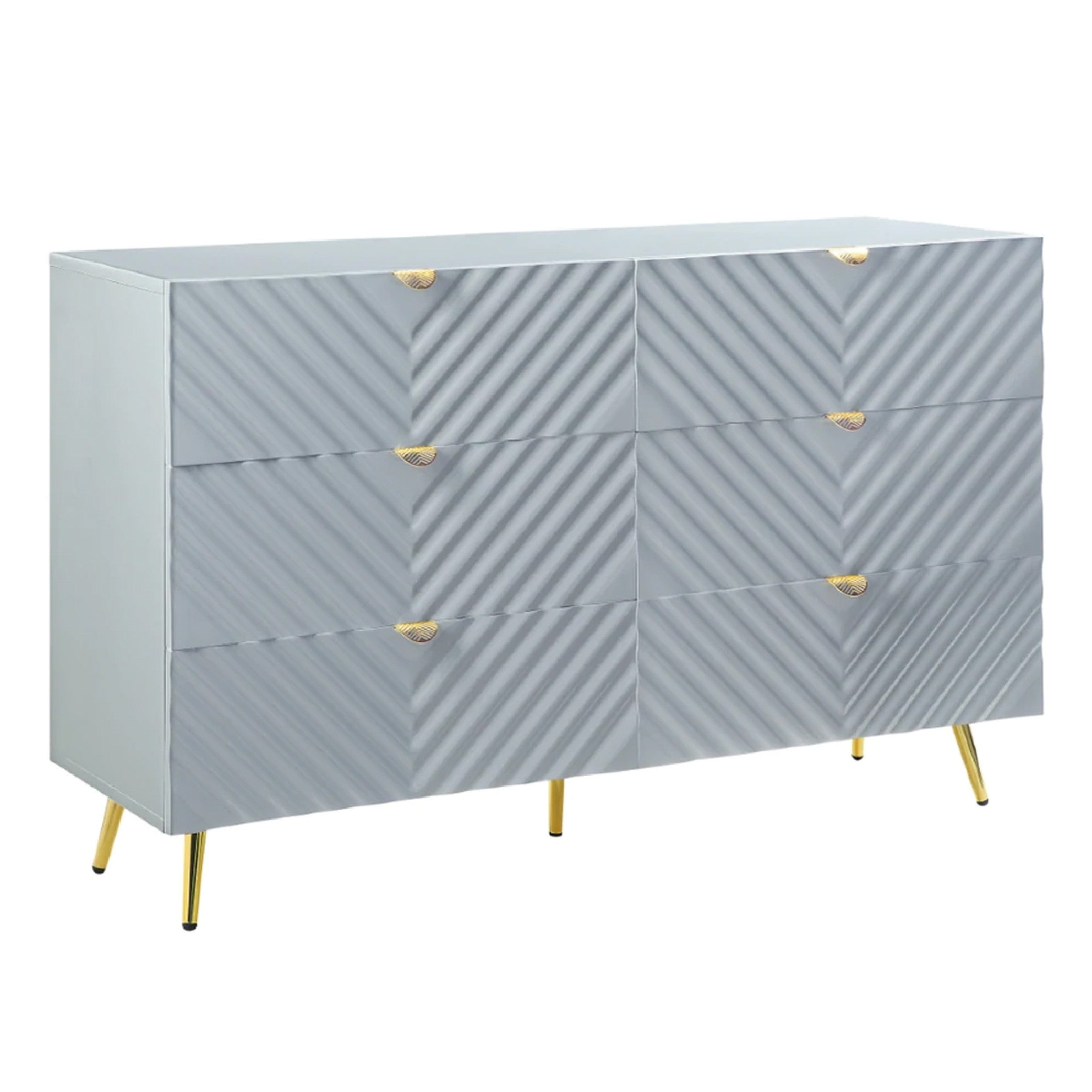 Tyra 55 Inch Wood Dresser， Textured Wavy Design， Gold Metal Legs， Gray - - 35936883 - Mycitystee