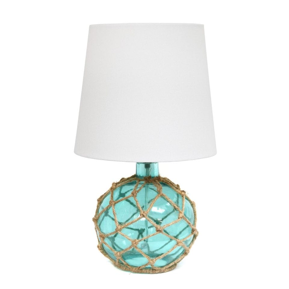 Elegant Designs Buoy Rope Nautical Netted Coastal Ocean Sea Glass Table Lamp with White Fabric Shade， Aqua - 9(L)9(W)14.75(H) - Mycitystee