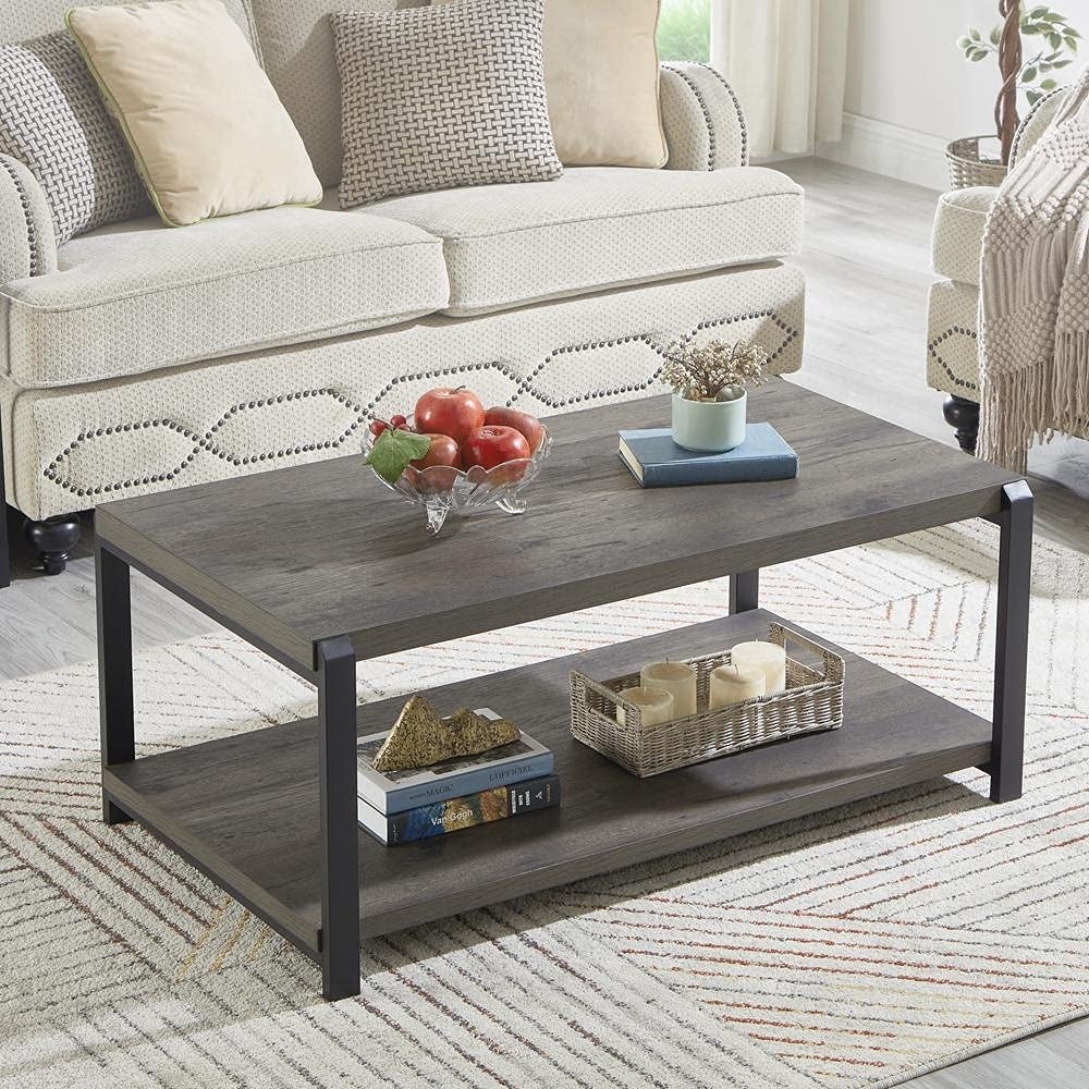 Coffee Table with Storage Shelf，Rustic Wood and Metal Cocktail Table for Living Room，Grey - as picture - Mycitystee