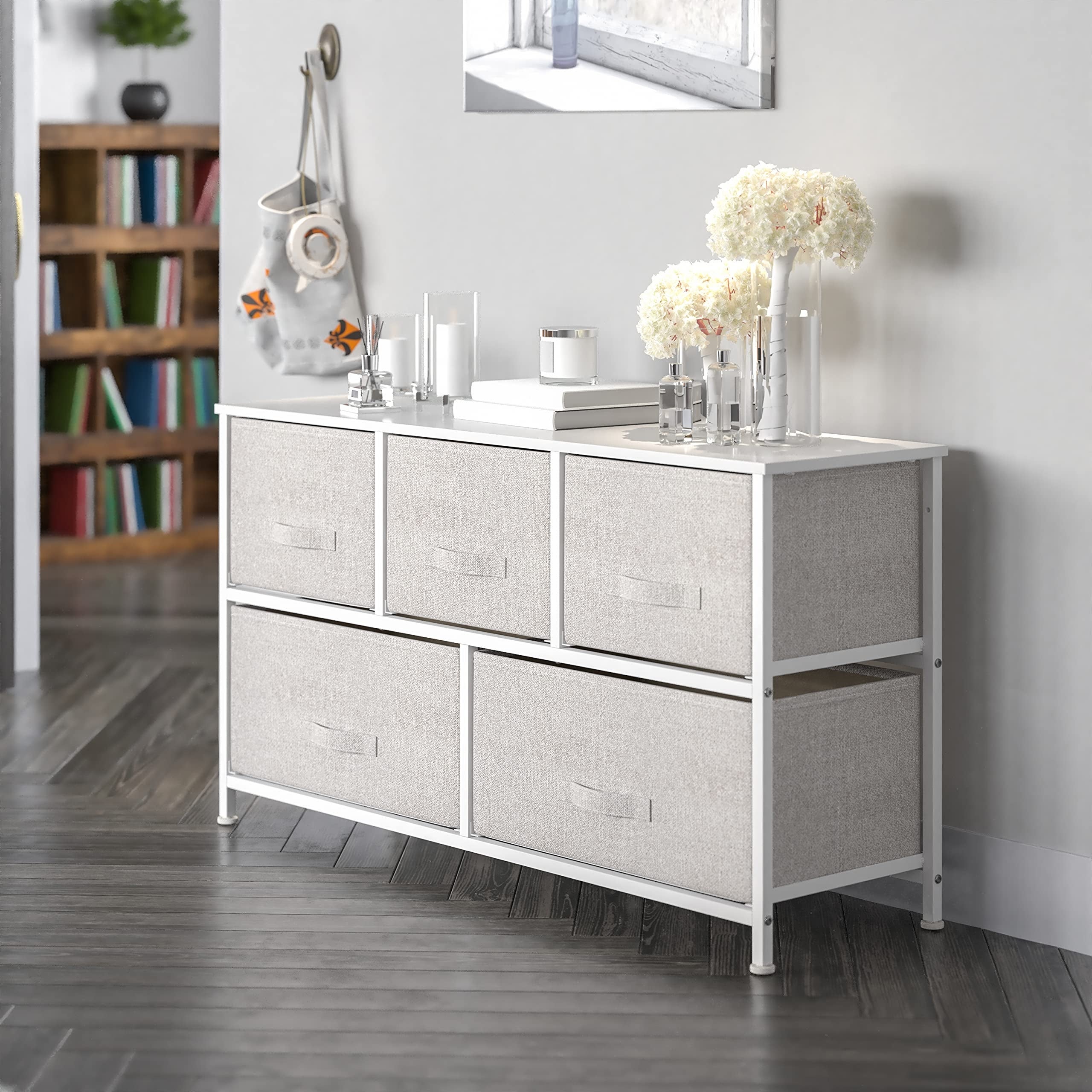 5 Drawer Wood Top White Cast Iron Frame Vertical Storage Dresser with Light Gray Easy Pull Fabric Drawers - as picture - - 37668573 - Mycitystee