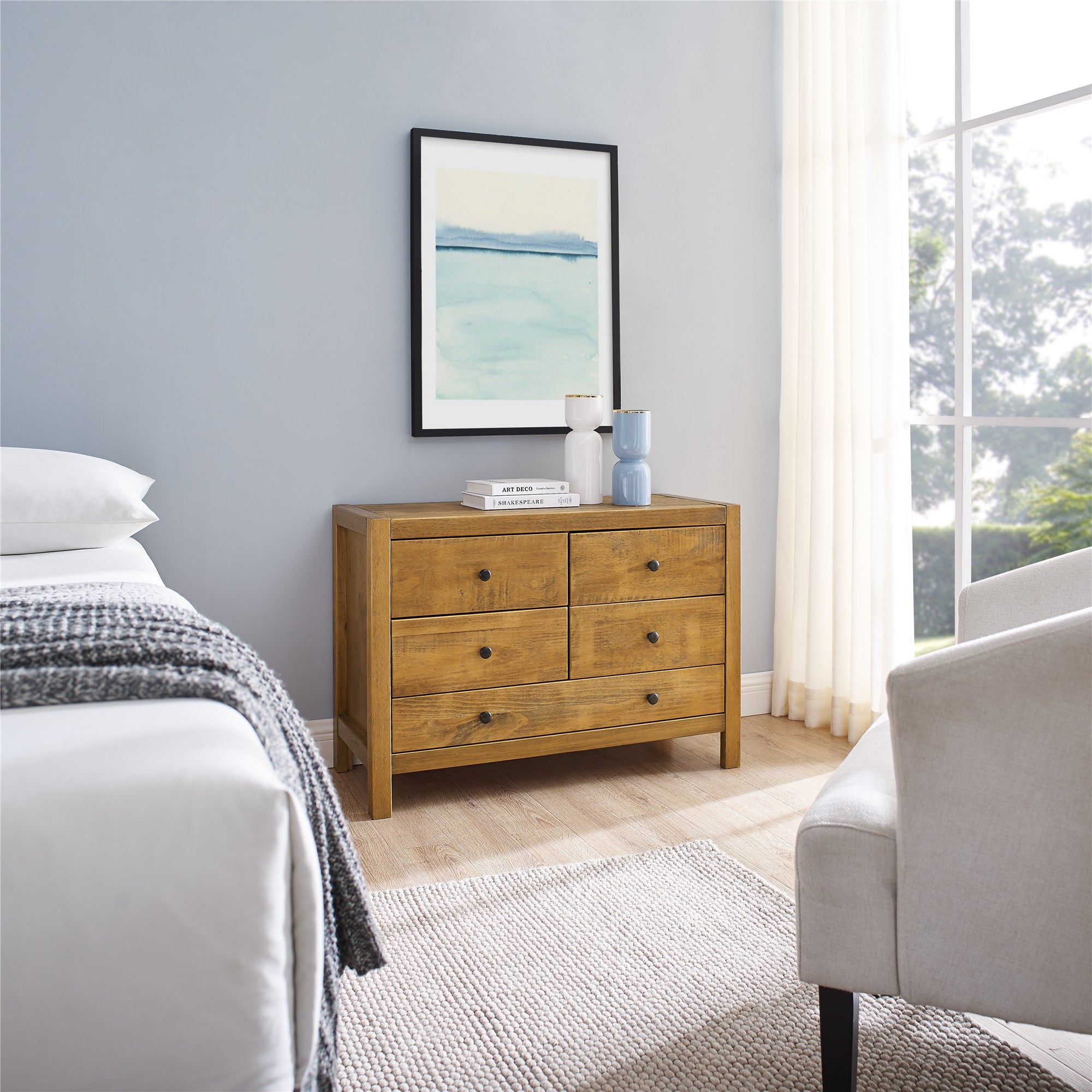 MUSEHOMEINC Rustic Wood with 5-Drawer Dresser，Storage Night Stand，Round Metal knobs，Rustic Oak Finish - - 36288540 - Mycitystee