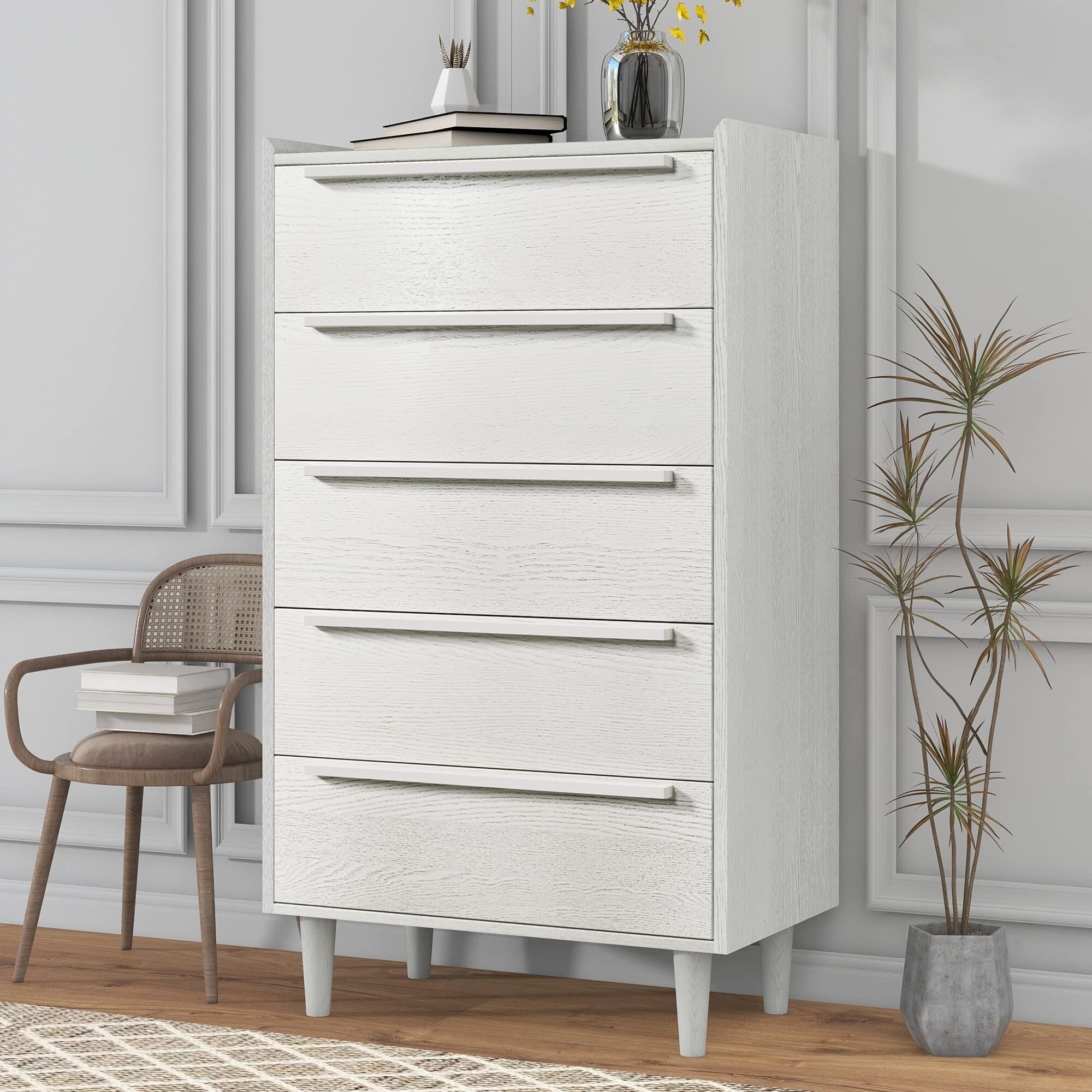 5 Drawer Dresser for Bedroom， Tall Chest of Drawers with Handles， Wood Dresser with Wooden Legs， Large Storage - as picture - - 37668753 - Mycitystee
