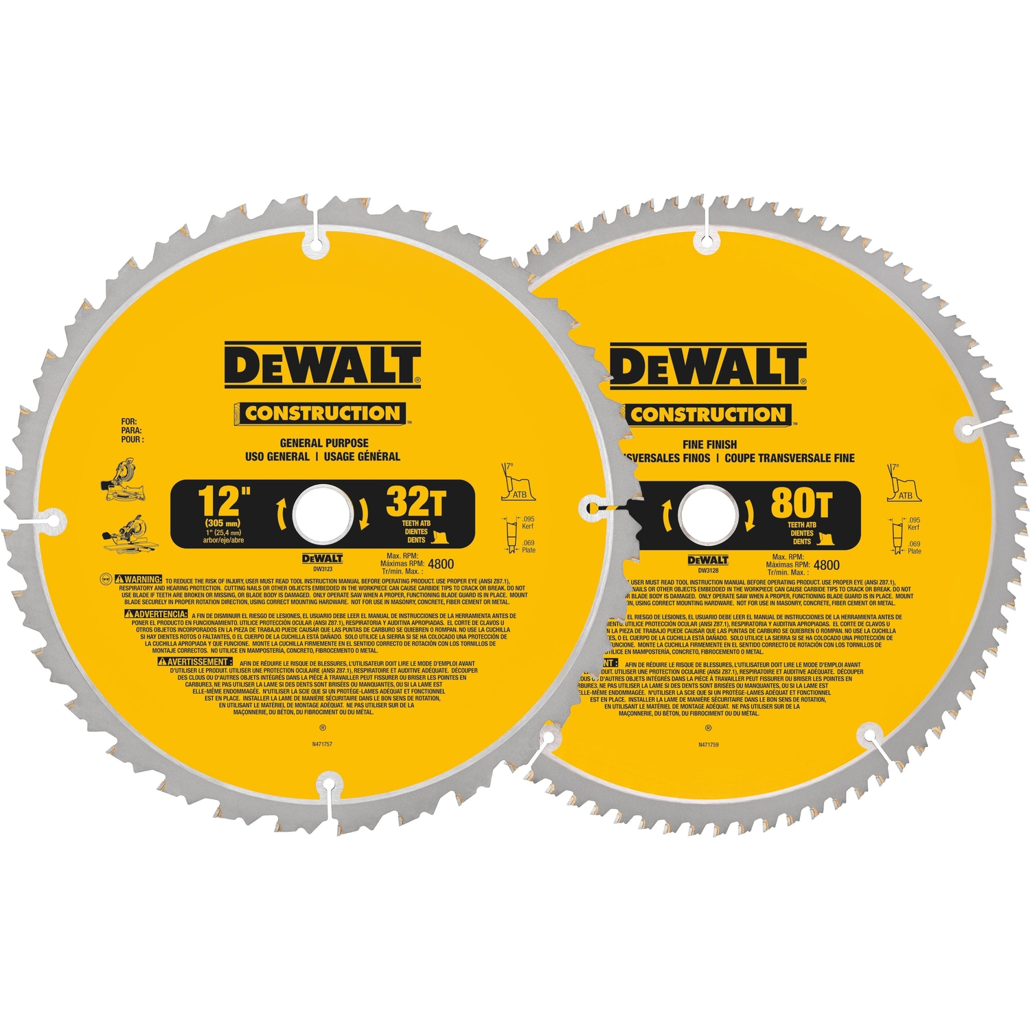 DeWalt 12 in. D X 1 in. Carbide Circular Saw Blade 32， 80 teeth 2 pk - Mycitystee