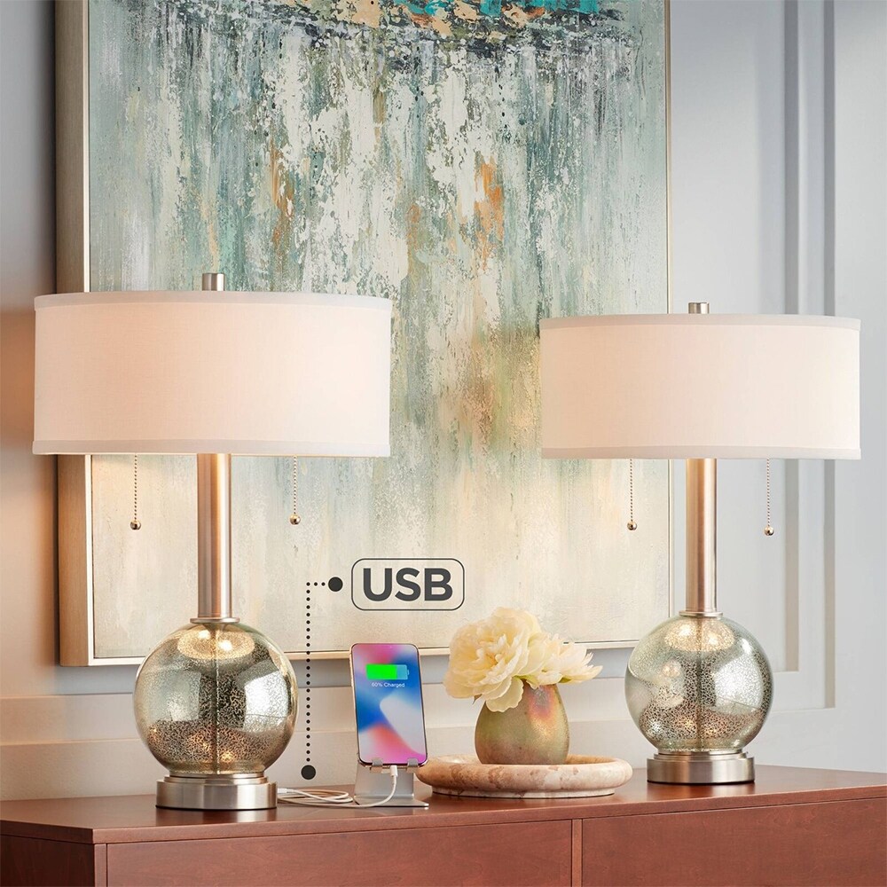 Set of 2 Modern Table Lamps with USB Charging Port Nickel Blue Glass - 12