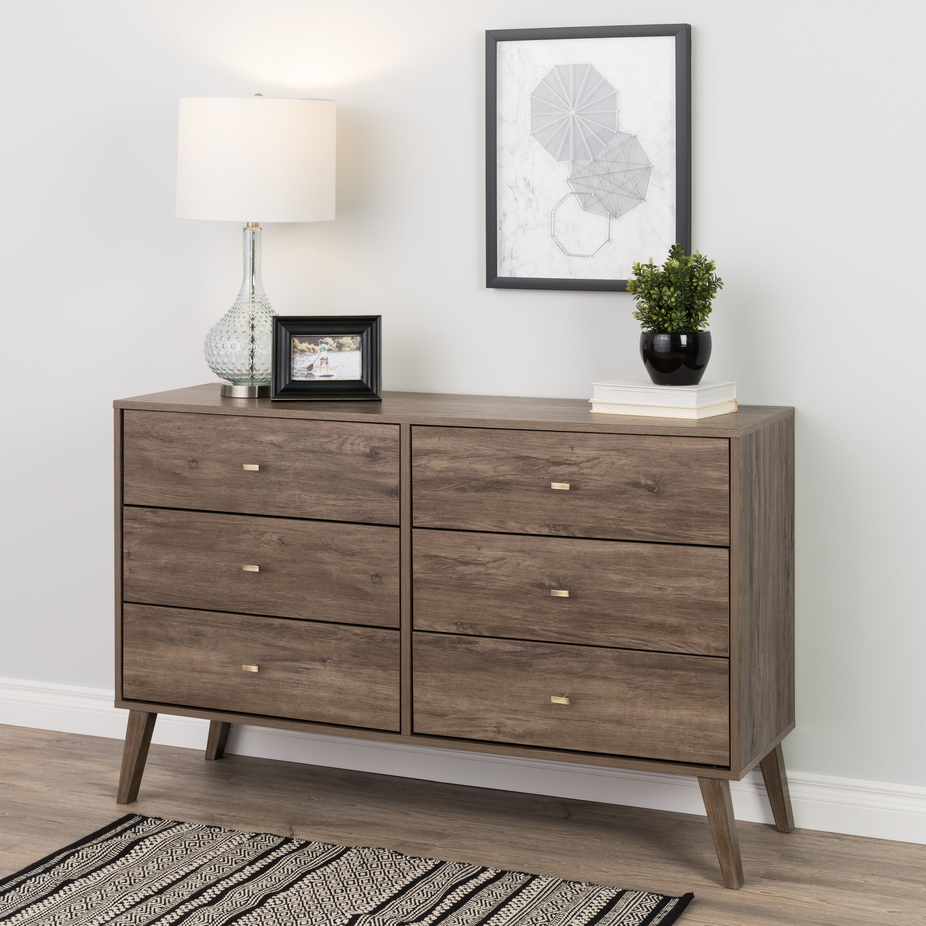 Milo Mid Century Modern 6-Drawer Double Dresser， Drifted Gray - - 36139160 - Mycitystee