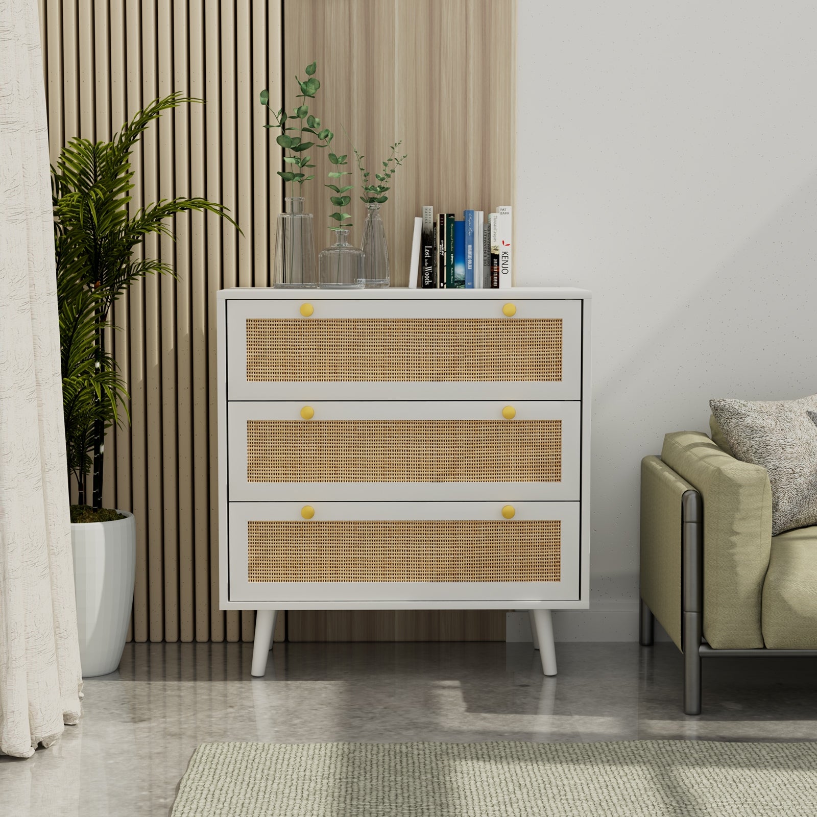 Anmytek 3-Drawer White Chest of Drawers with Pine Wood Legs Farmhouse Rattan Dresser 31.5 in. W x 36 in. H x 15.7 in. D - - 36935386 - Mycitystee