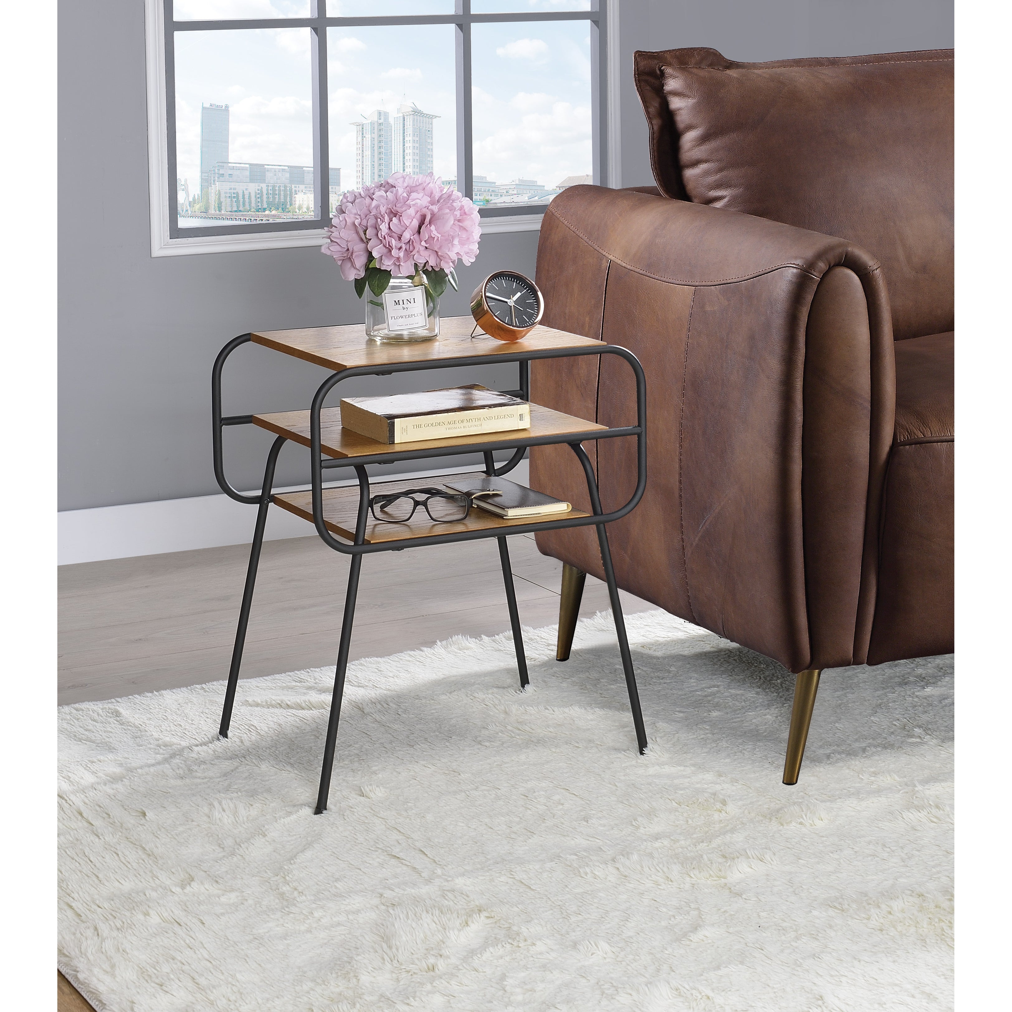 Oak square side table with two wooden shelves - Mycitystee