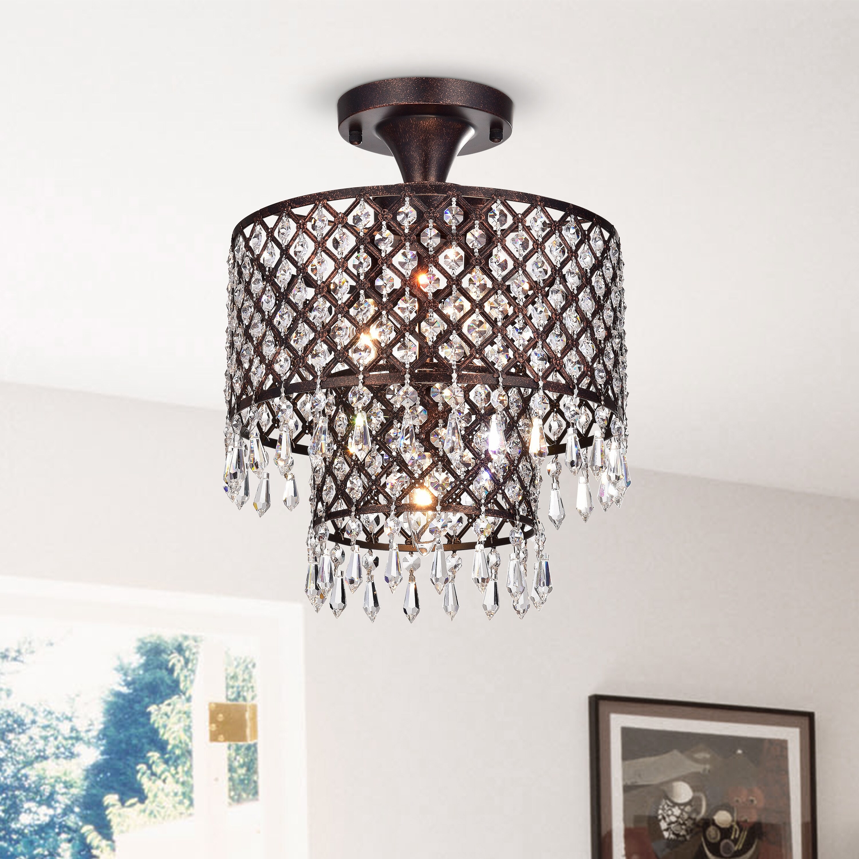 Antique Copper 3-Light Beaded Dual Drum Crystal Semi Flush Mount - Antique Copper - Mycitystee