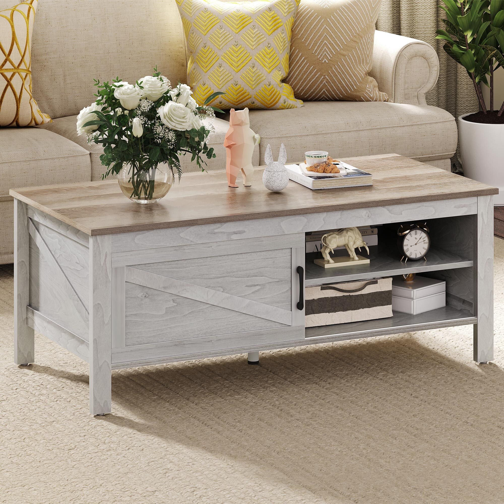 Farmhouse Wood Coffee Table with Storage Sliding Barn Door Adjustment Shelf Height - Mycitystee