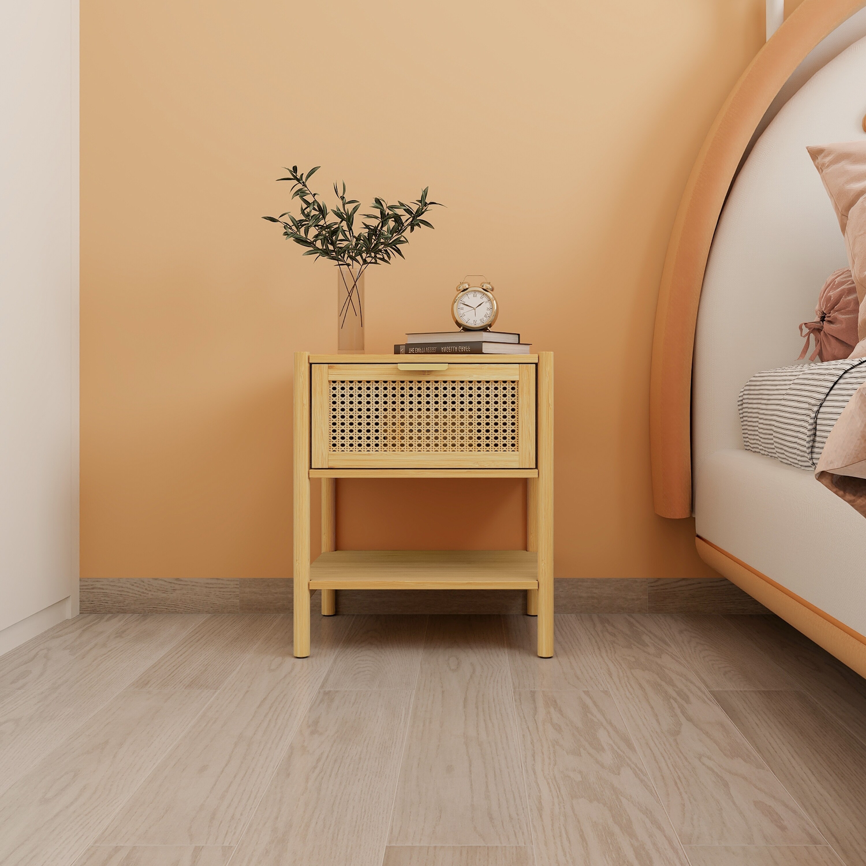1 Drawer Nightstand， Bamboo and Natural Rattan， Bedside Table Accent End Table Side Table for Bedroom， Living Room - Mycitystee