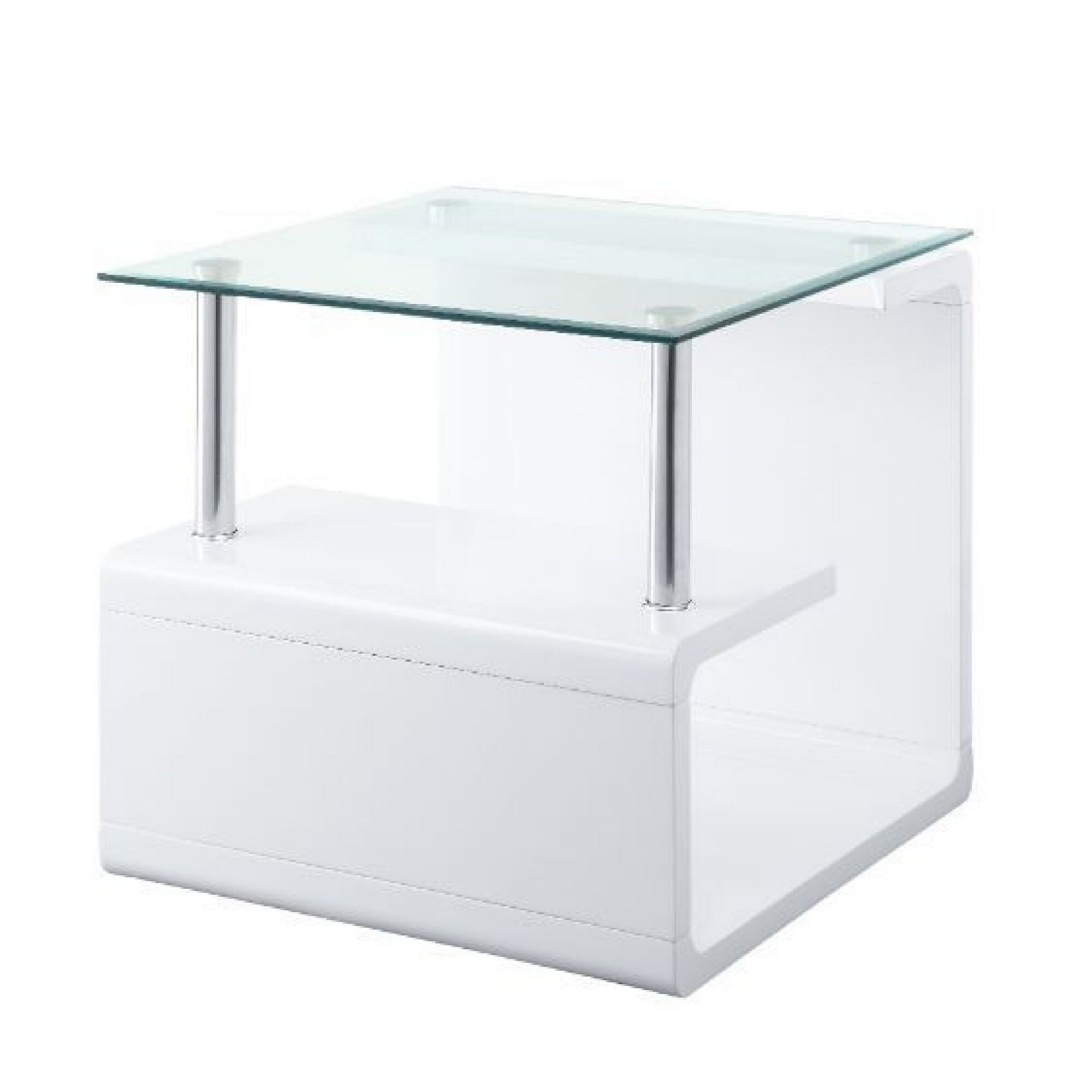 24 Inch Square Accent End Table， Glass Top， Open Shelf， White， Chrome - Mycitystee