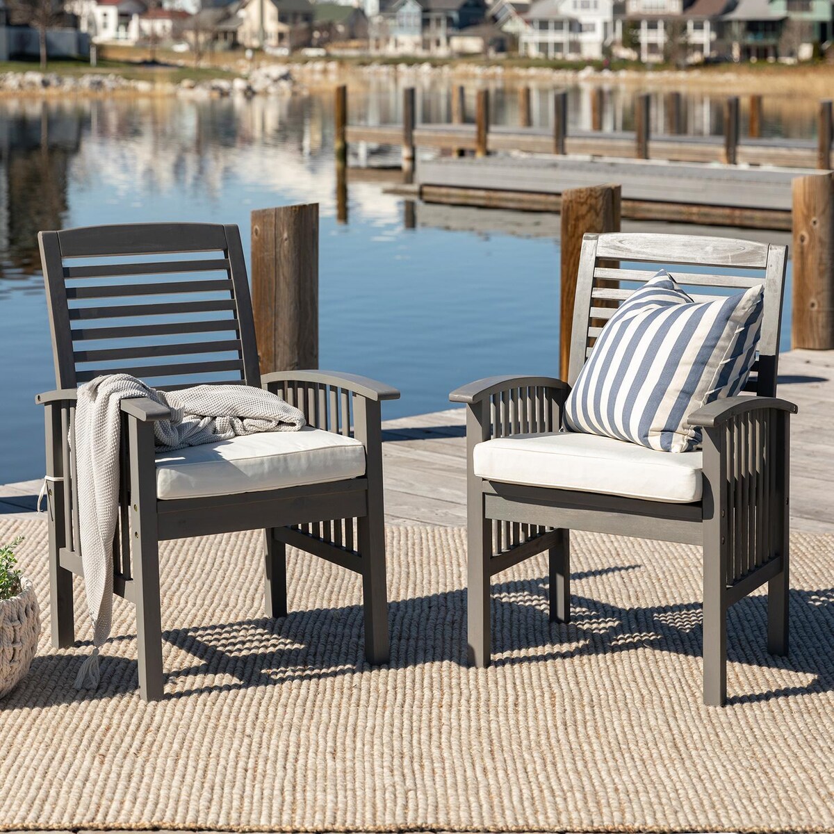 Ultimate Patio Horizon Way 2 Piece Acacia Patio Dining Arm Chair Set W/ Off-White Cushions - Mycitystee