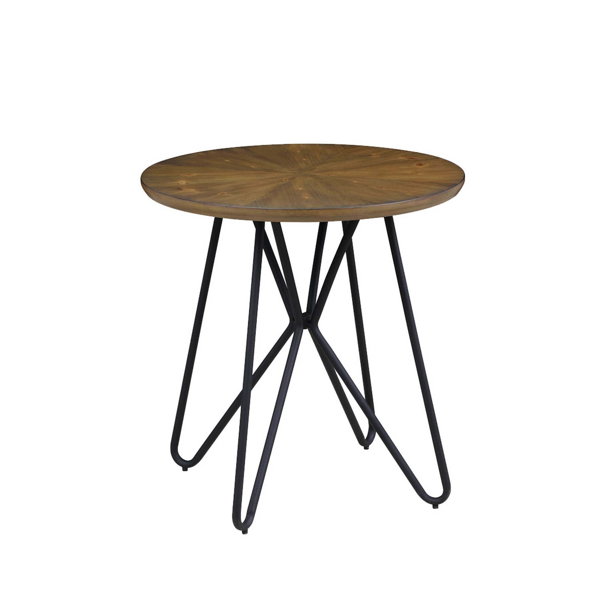 Dual Tone Round Wooden End Table with Metal Hairpin Legs， Brown and Black - Mycitystee