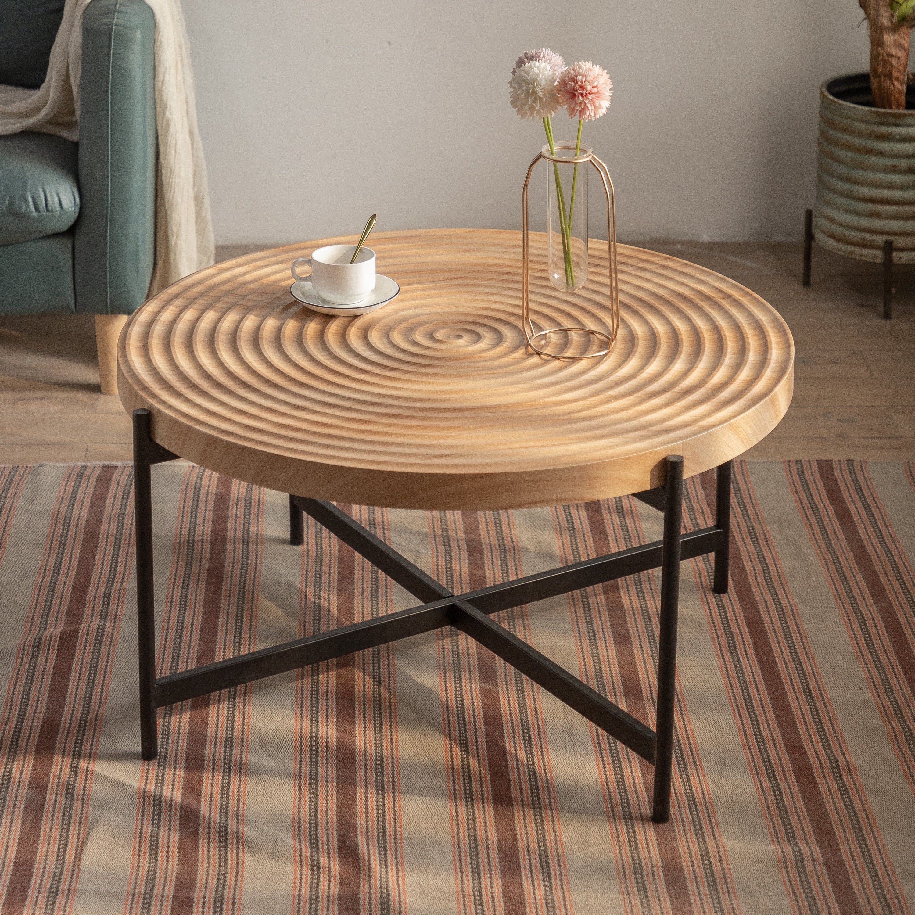 Modern Thread Design Round Coffee Table with Concentric Circular Pattern， MDF Table Top with Cross Legs Metal Base - Mycitystee